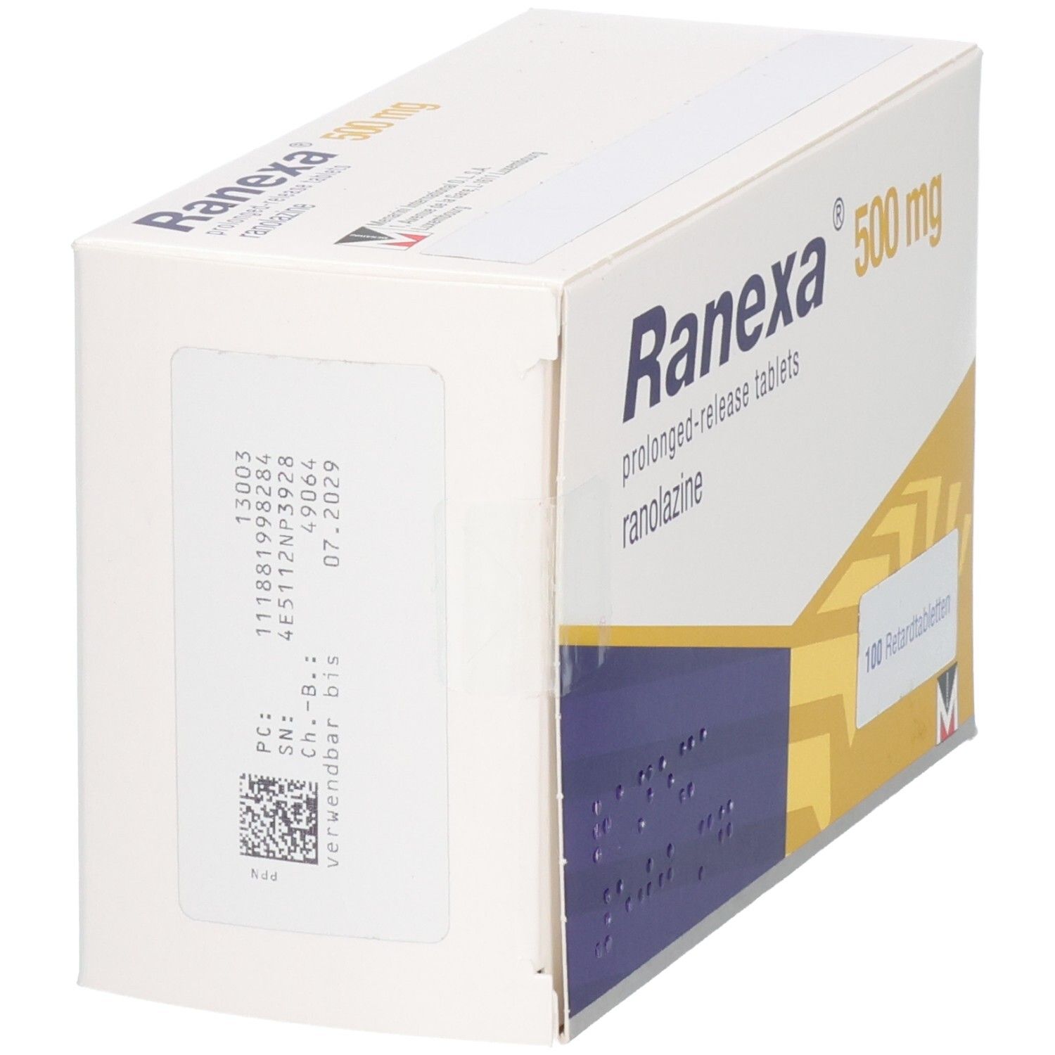 Ranexa 500 mg Retardtabletten Schachtel, Seitenansicht mit Chargennummer und Verfallsdatum.