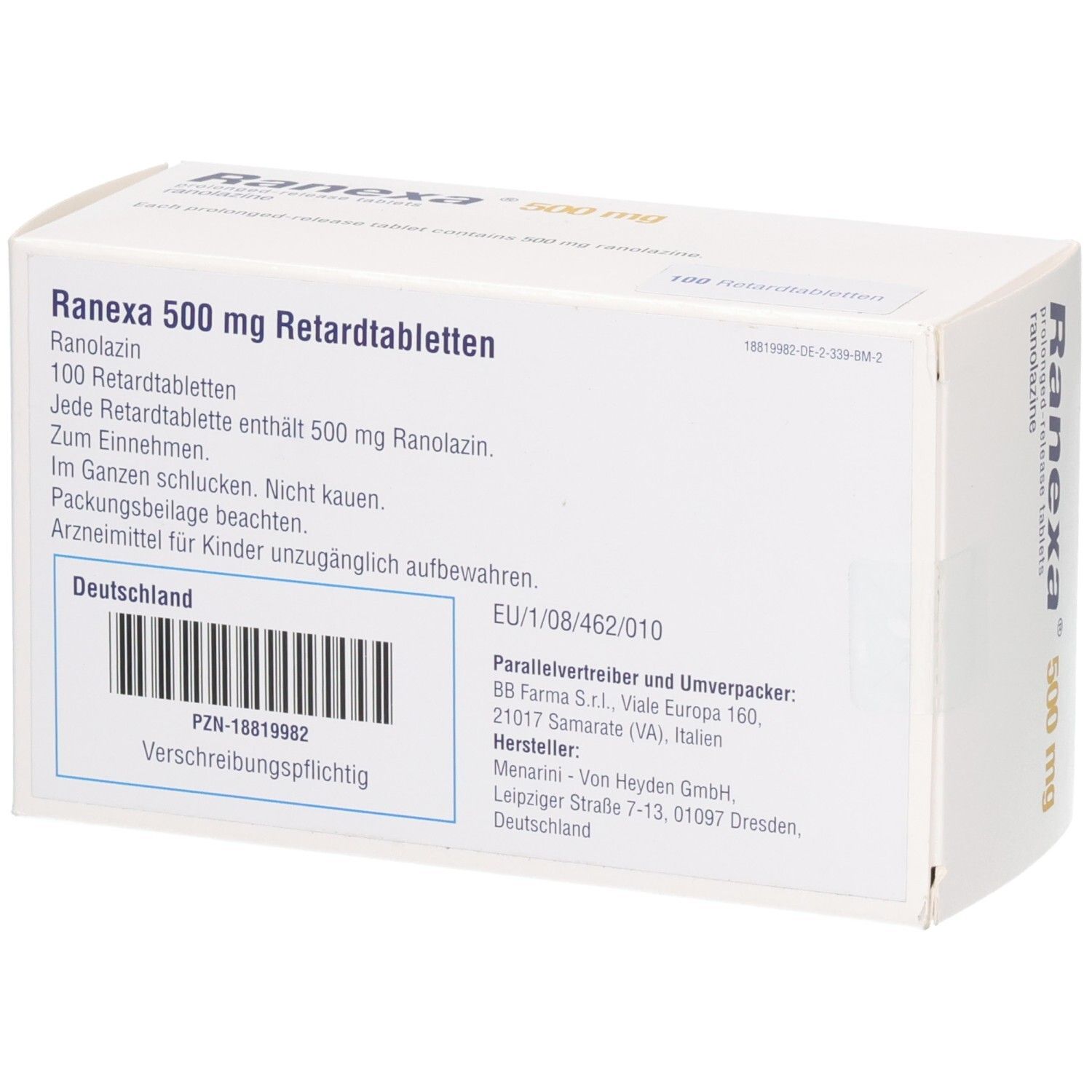 Ranexa 500 mg Retardtabletten Schachtel, Rückseite mit detaillierten Produktinformationen und Barcode.