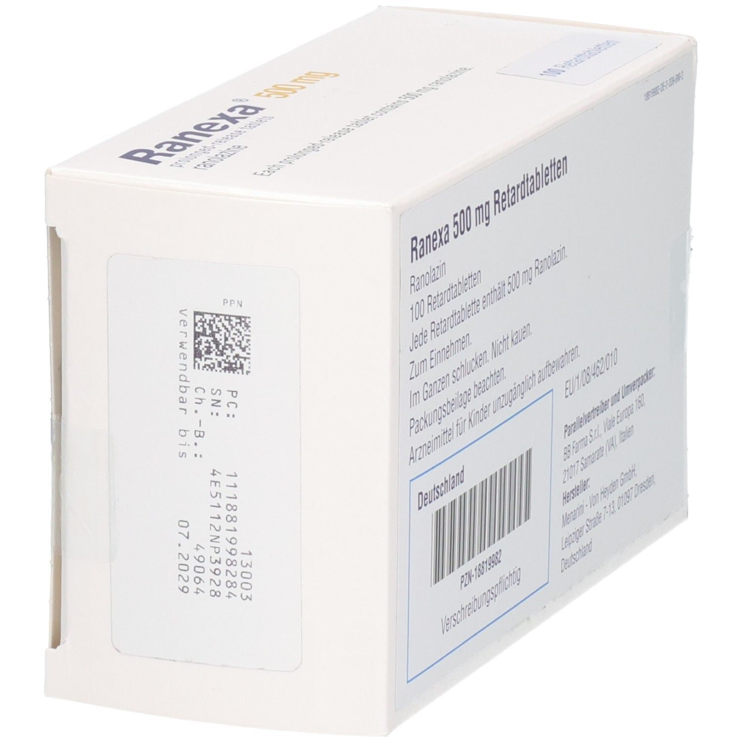Ranexa 500 mg Retardtabletten Schachtel, Rückseite mit Chargennummer und Verfallsdatum.