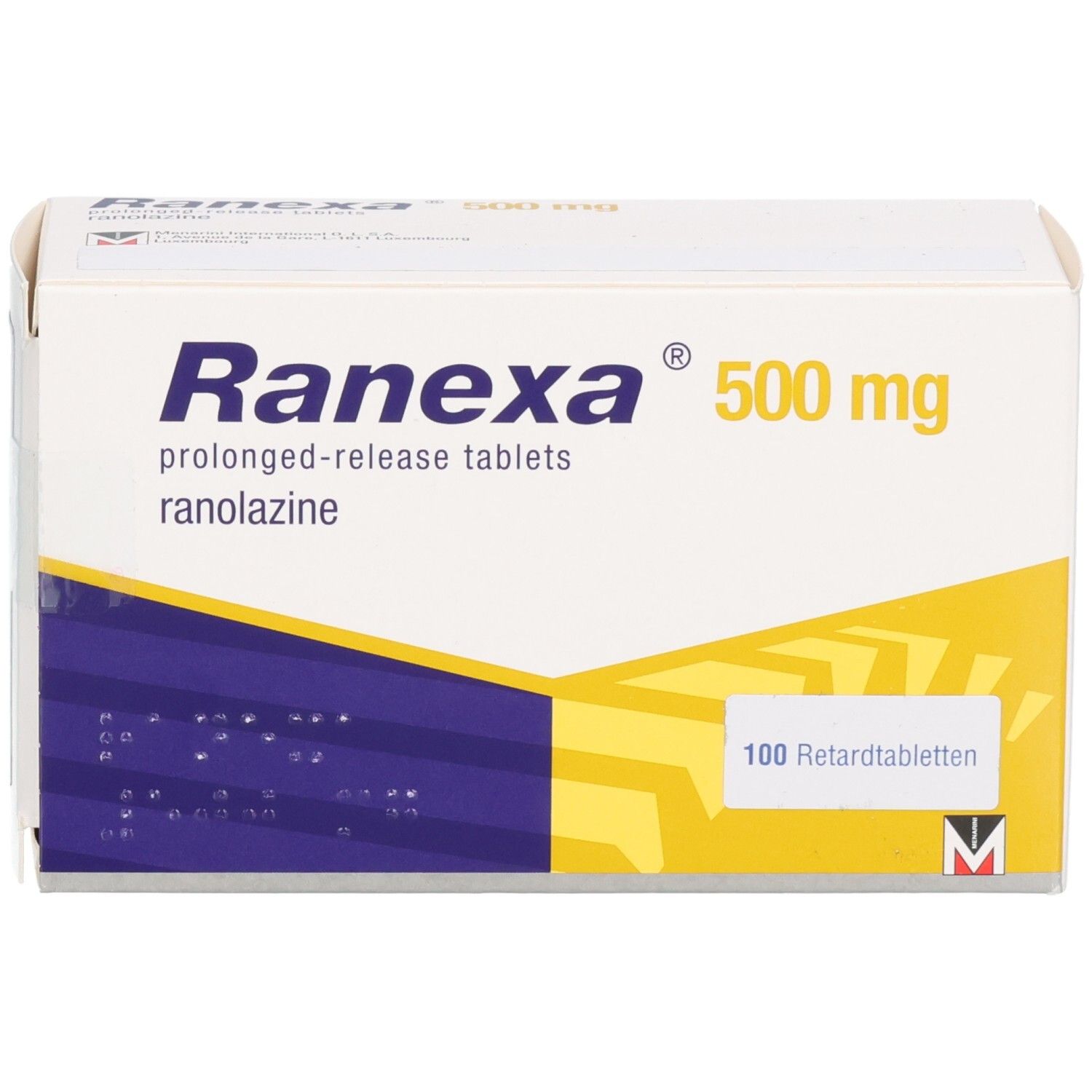 Ranexa 500 mg Retardtabletten Schachtel, Vorderseite mit gelb-blauen Designelementen und Text.