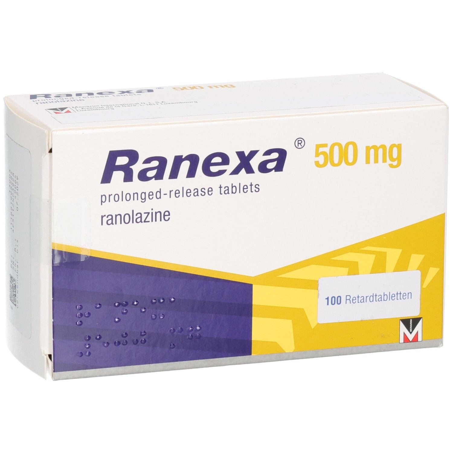 Ranexa 500 mg Retardtabletten Schachtel, Vorderseite mit gelb-blauen Designelementen und Text.