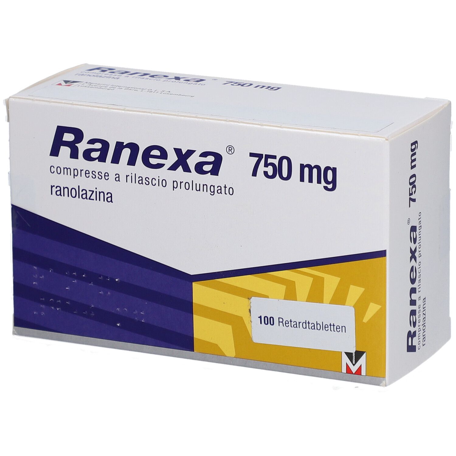 Schachtel mit "Ranexa 750 mg". Blaue und gelbe Designelemente. 100 Retardtabletten.