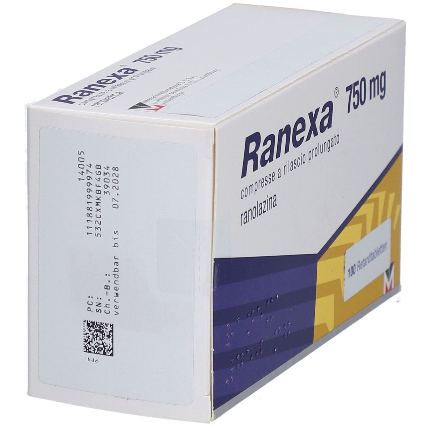Schachtel "Ranexa 750 mg". Seitenansicht. Text: "compresse a rilascio prolungato". 100 Retardtabletten.