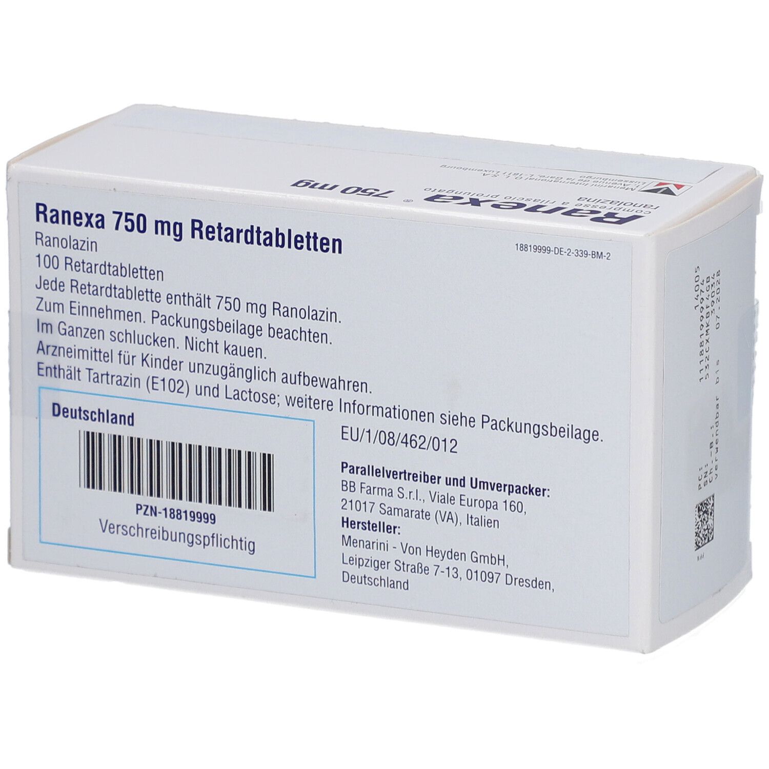 Rückseite der "Ranexa 750 mg" Schachtel. Textinformationen, Barcode, Herstellerangaben.