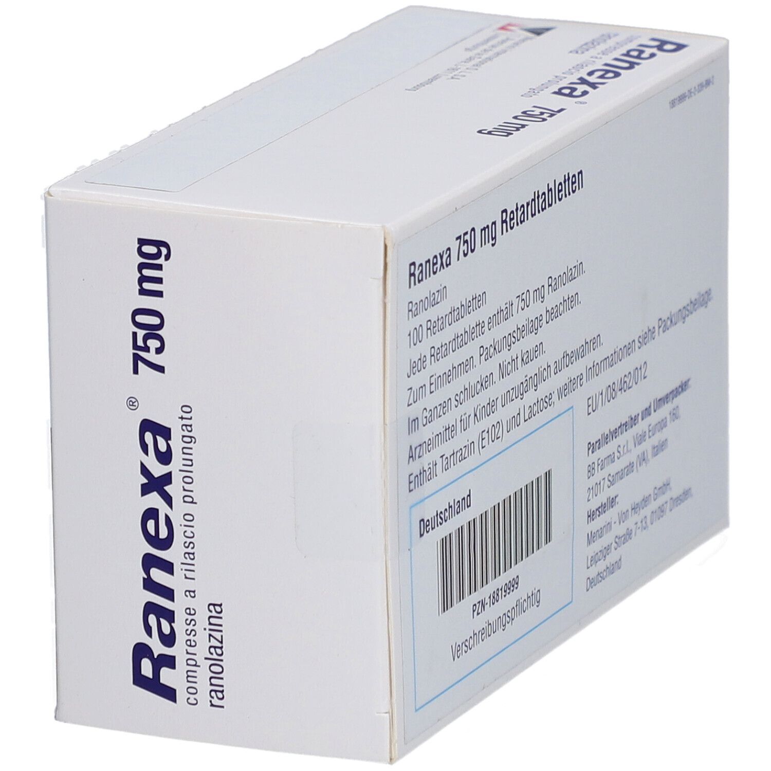 Schachtel "Ranexa 750 mg". Rückseite mit Text. Herstellerinformationen und Barcode.