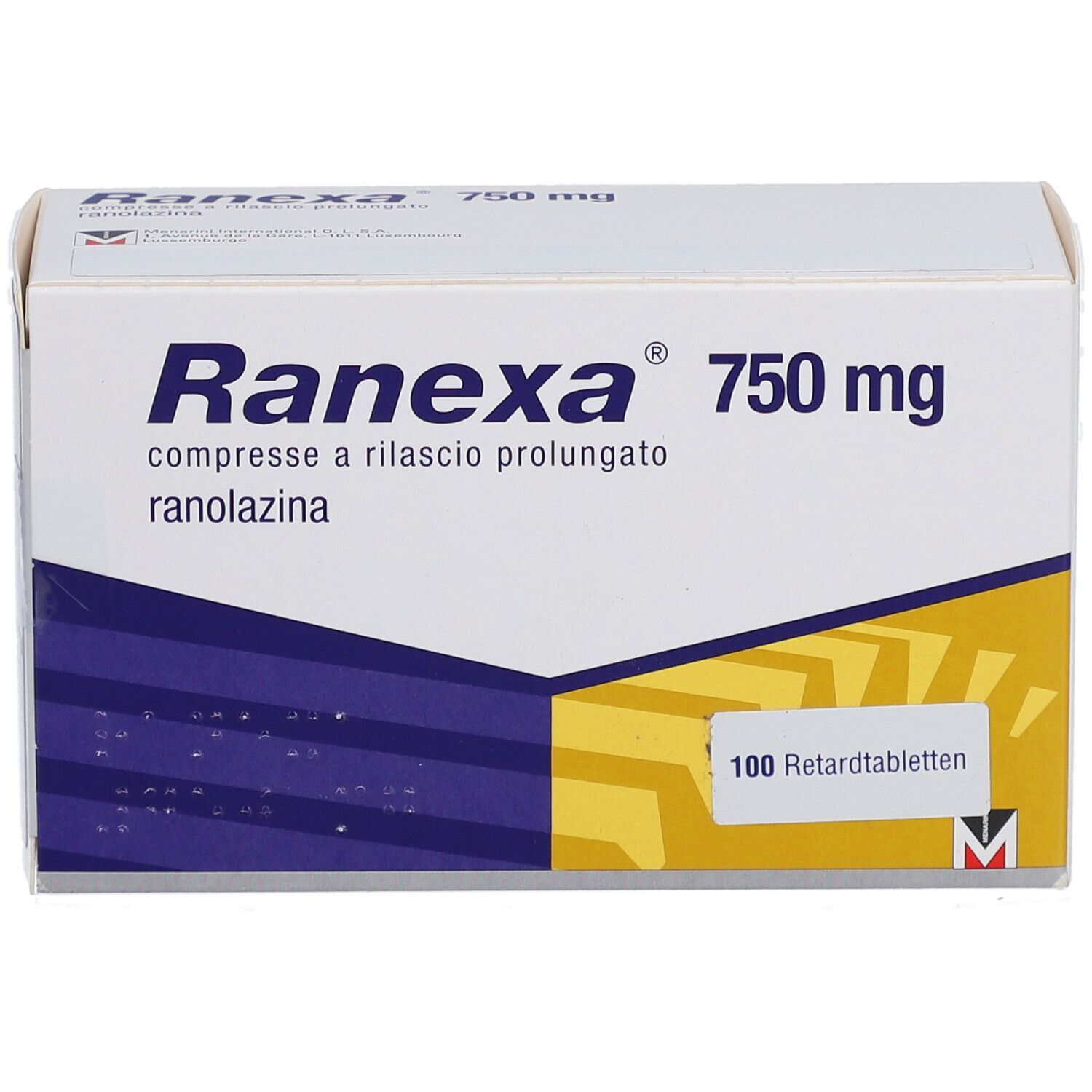 Schachtel "Ranexa 750 mg". Vorderansicht. Blaue und gelbe Designelemente. 100 Retardtabletten.