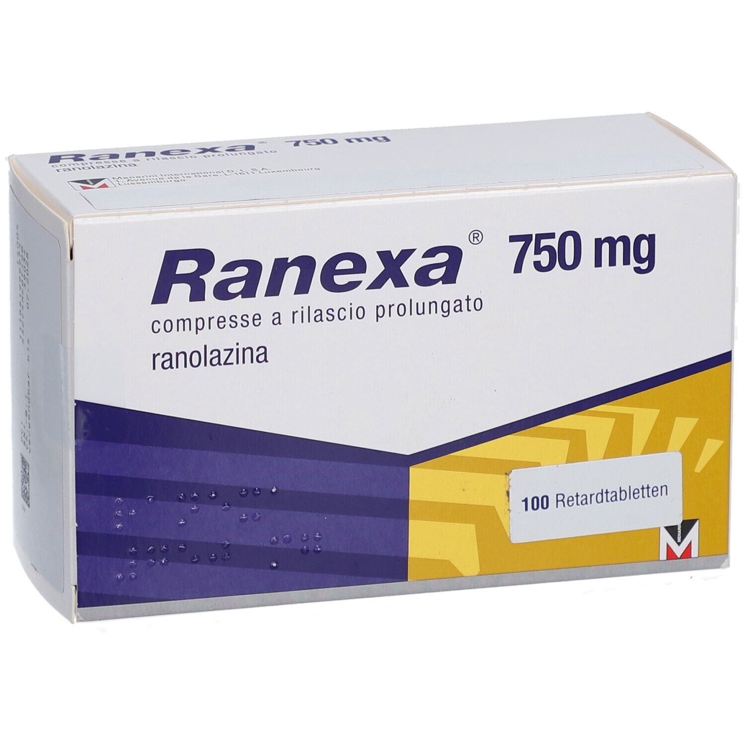Schachtel "Ranexa 750 mg". Vorderansicht. Blaue und gelbe Designelemente. 100 Retardtabletten.