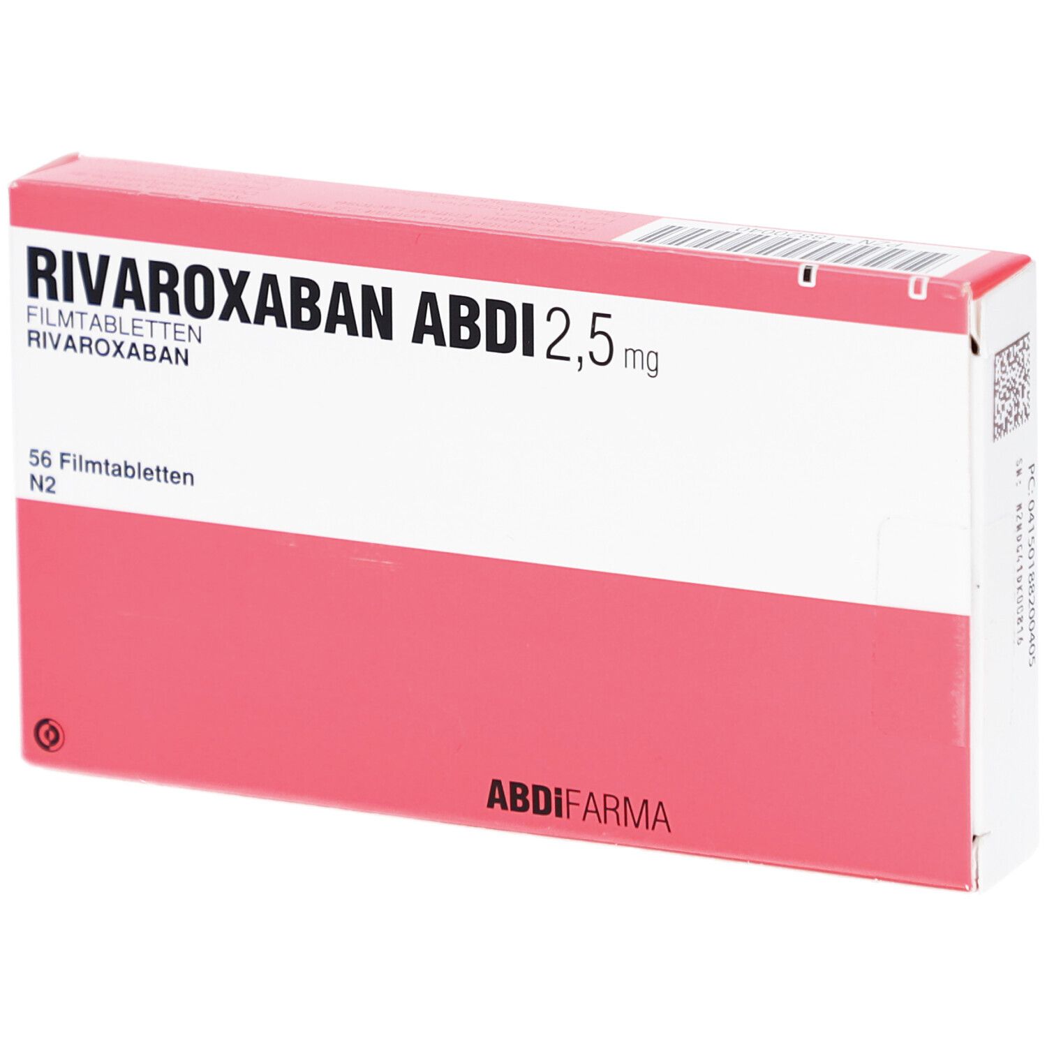 Schachtel mit RIVAROXABAN ABDI 2,5 mg Filmtabletten. Rosa-weiße Verpackung mit Produktnamen und Dosierung. 56 Filmtabletten.