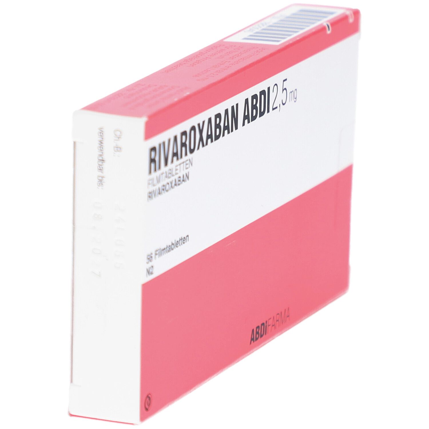 Schachtel RIVAROXABAN ABDI 2,5 mg, schräg. Rosa-weiße Verpackung mit Produktnamen und Dosierung. 56 Filmtabletten.