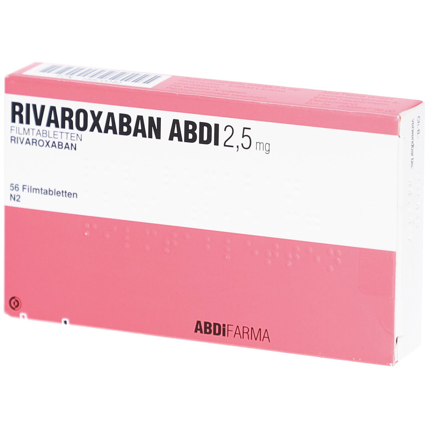 Schachtel mit RIVAROXABAN ABDI 2,5 mg Filmtabletten. Rosa-weiße Verpackung mit Produktnamen und Dosierung. 56 Filmtabletten.