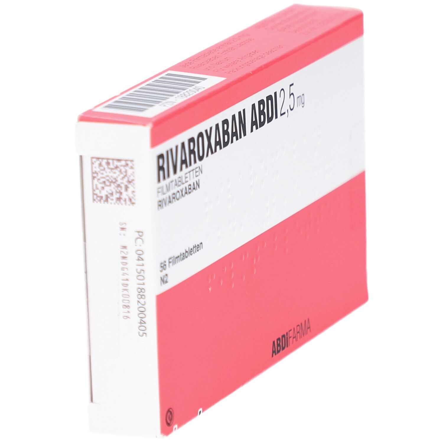 Schachtel RIVAROXABAN ABDI 2,5 mg, schräg. Rosa-weiße Verpackung mit Produktnamen und Dosierung. 56 Filmtabletten.