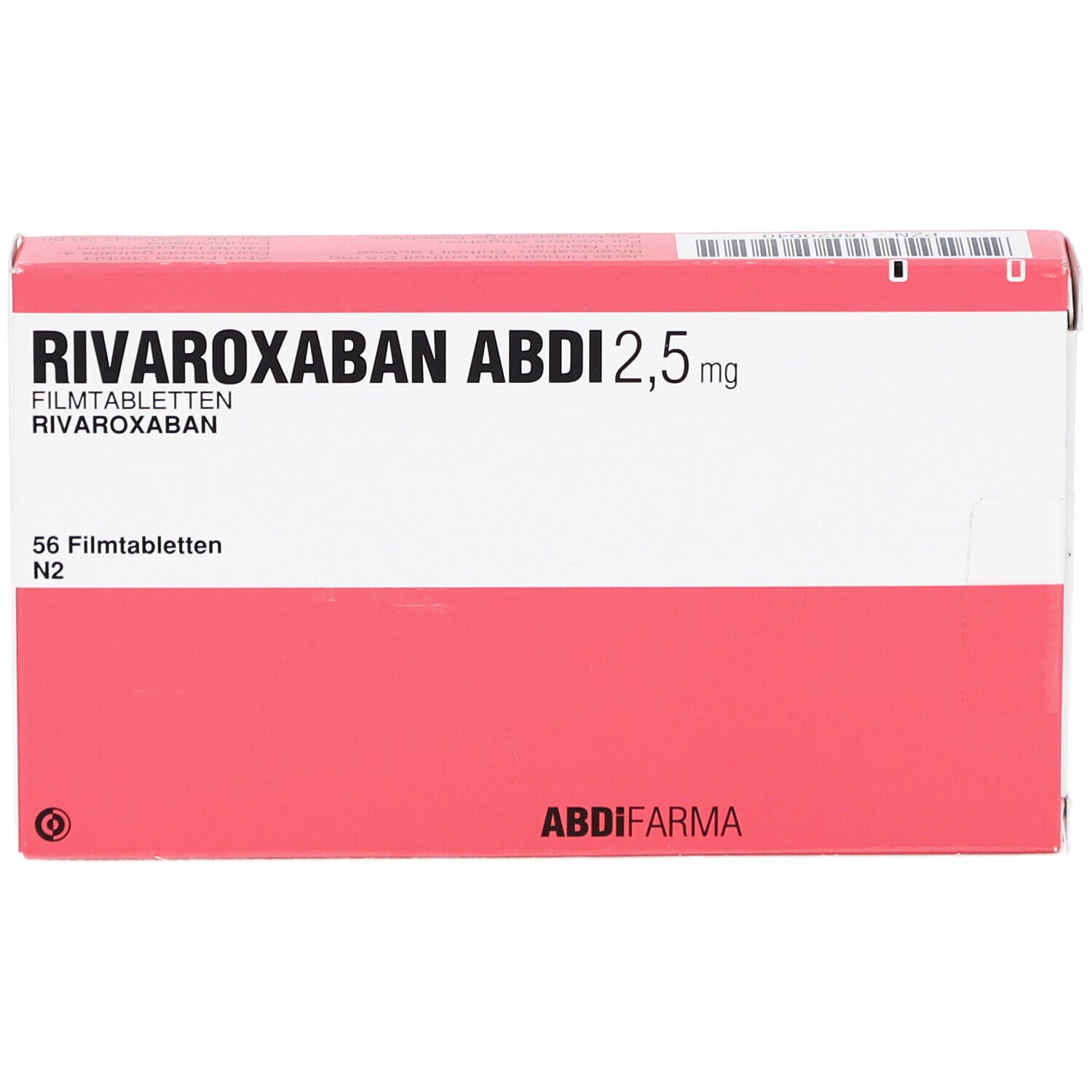 Schachtel mit RIVAROXABAN ABDI 2,5 mg Filmtabletten. Rosa-weiße Verpackung mit Produktnamen und Dosierung. 56 Filmtabletten.