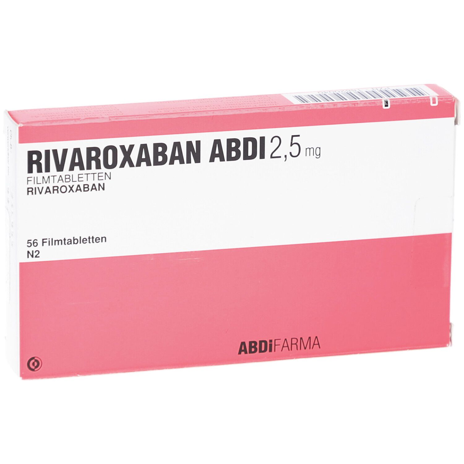 Schachtel mit RIVAROXABAN ABDI 2,5 mg Filmtabletten. Rosa-weiße Verpackung mit Produktnamen und Dosierung. 56 Filmtabletten.