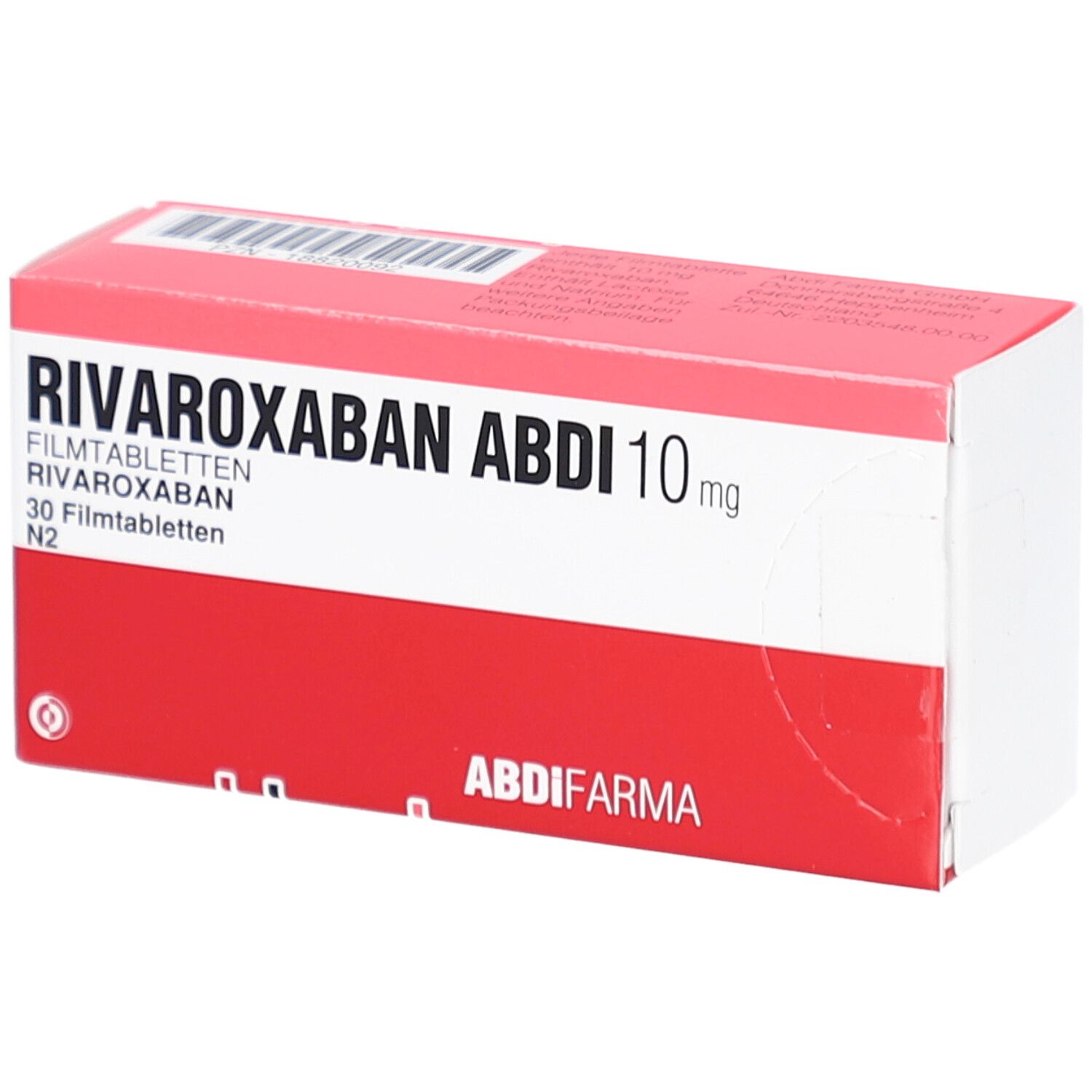 RIVAROXABAN ABDI 10 mg Filmtabletten-Packung. Rote und weiße Schachtel mit Produktnamen und Dosierung. ABDI-Logo.