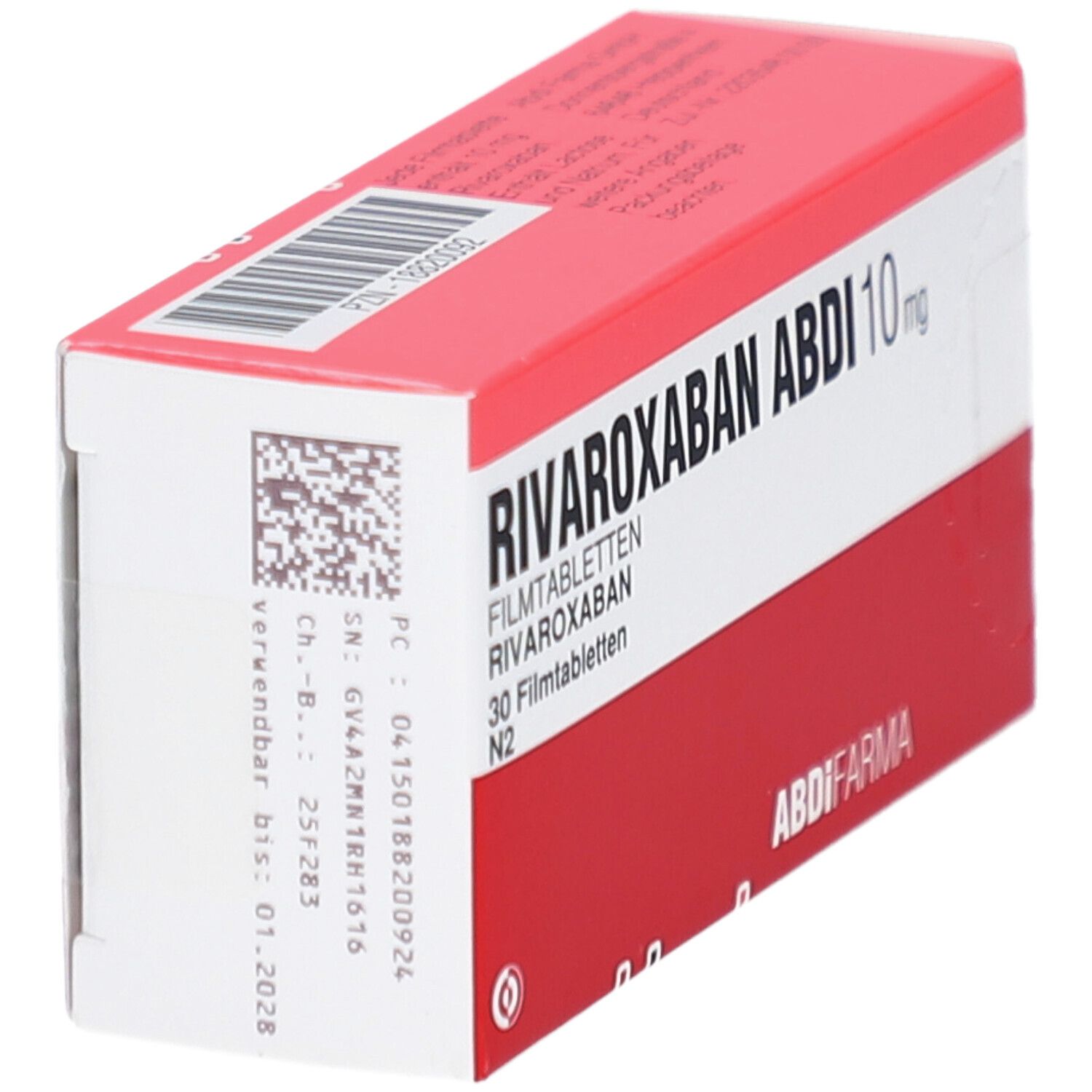RIVAROXABAN ABDI 10 mg Packung, schräg. Rote und weiße Schachtel mit Produktnamen, Dosierung und ABDI-Logo. Barcode.