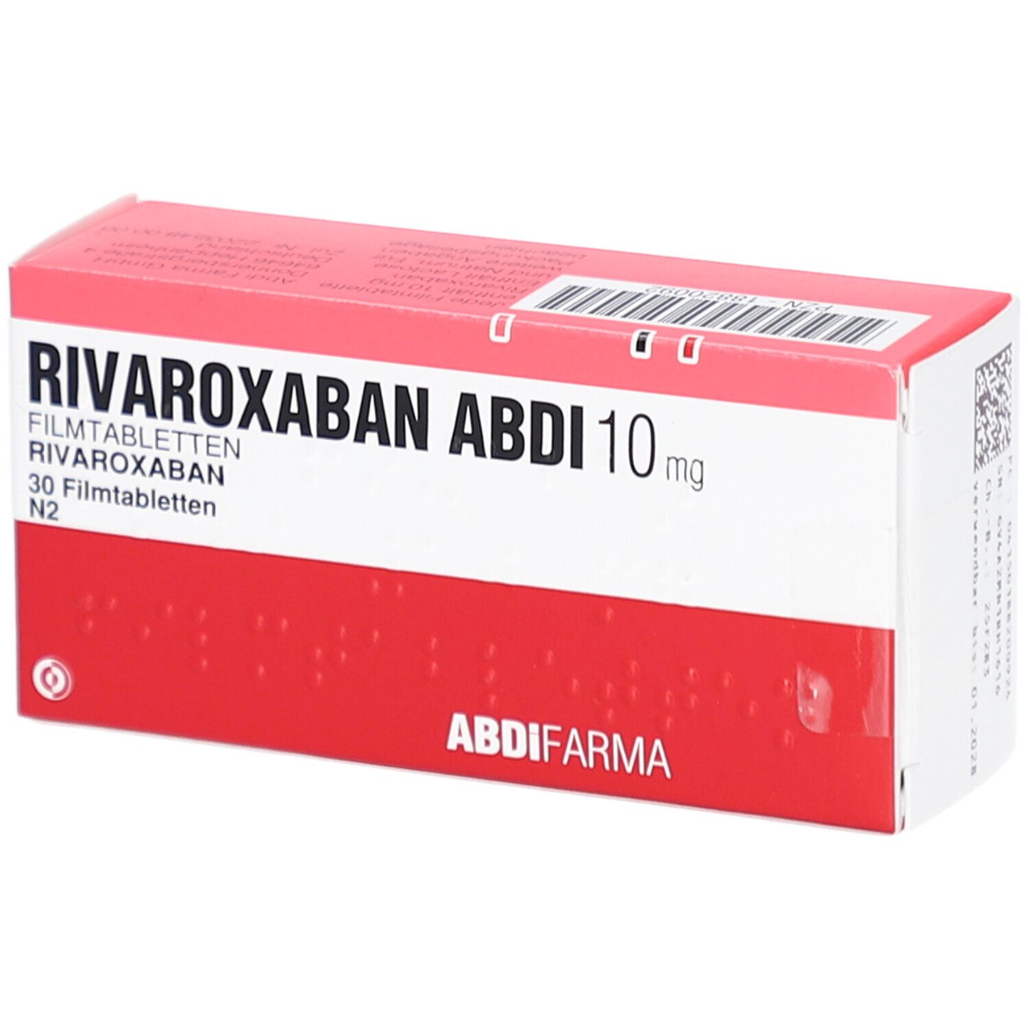 RIVAROXABAN ABDI 10 mg Filmtabletten-Packung. Rote und weiße Schachtel mit Produktnamen und Dosierung. ABDI-Logo.