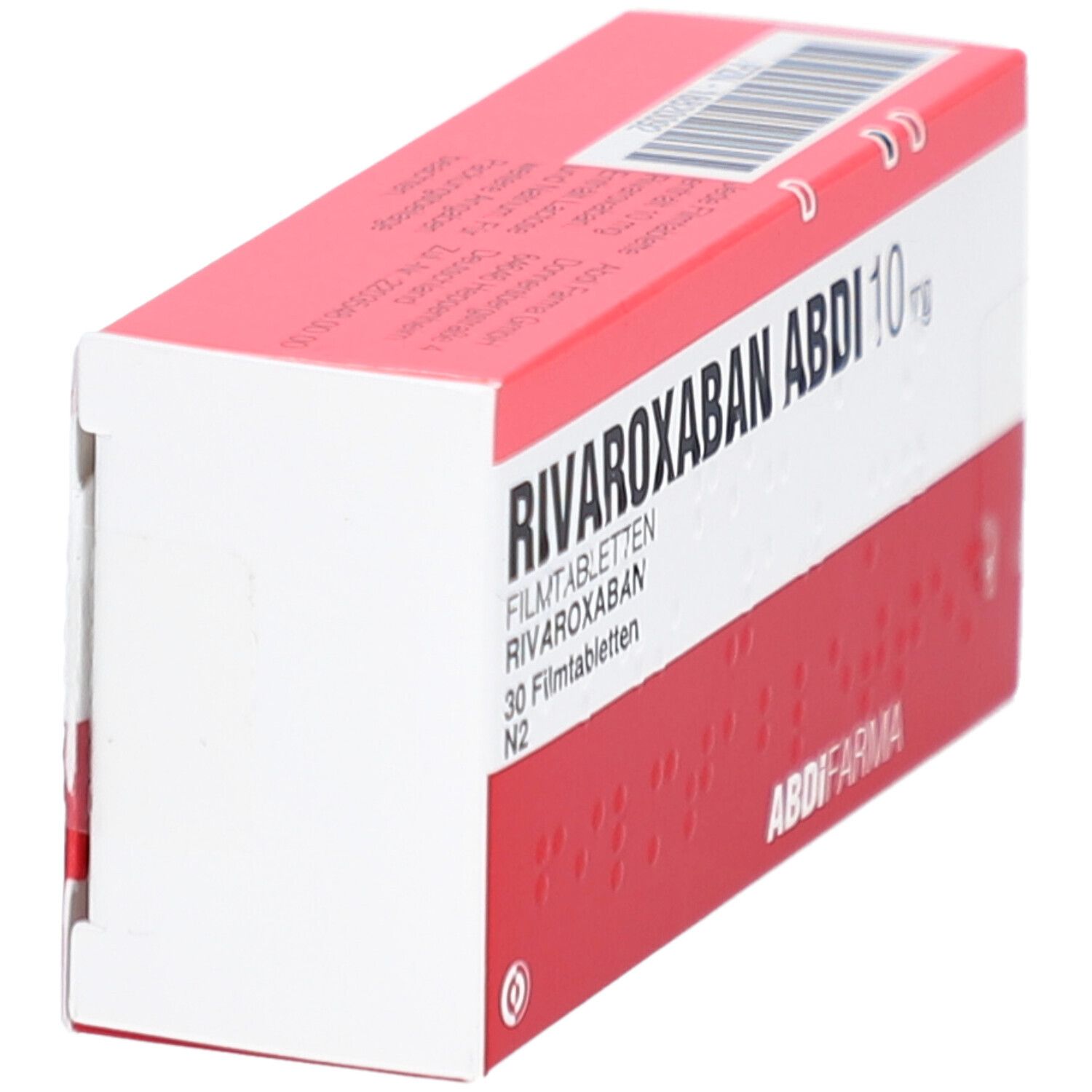 RIVAROXABAN ABDI 10 mg Packung, schräg. Rote und weiße Schachtel mit Produktnamen, Dosierung und ABDI-Logo.