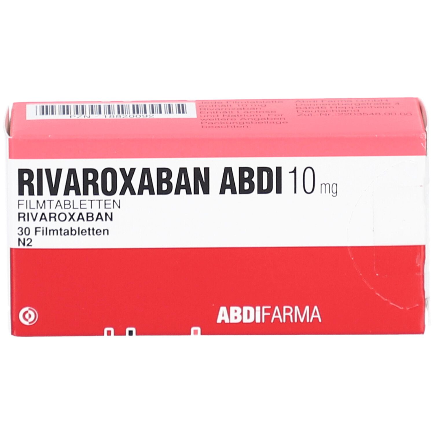 RIVAROXABAN ABDI 10 mg Filmtabletten-Packung. Rote und weiße Schachtel mit Produktnamen und Dosierung. ABDI-Logo.