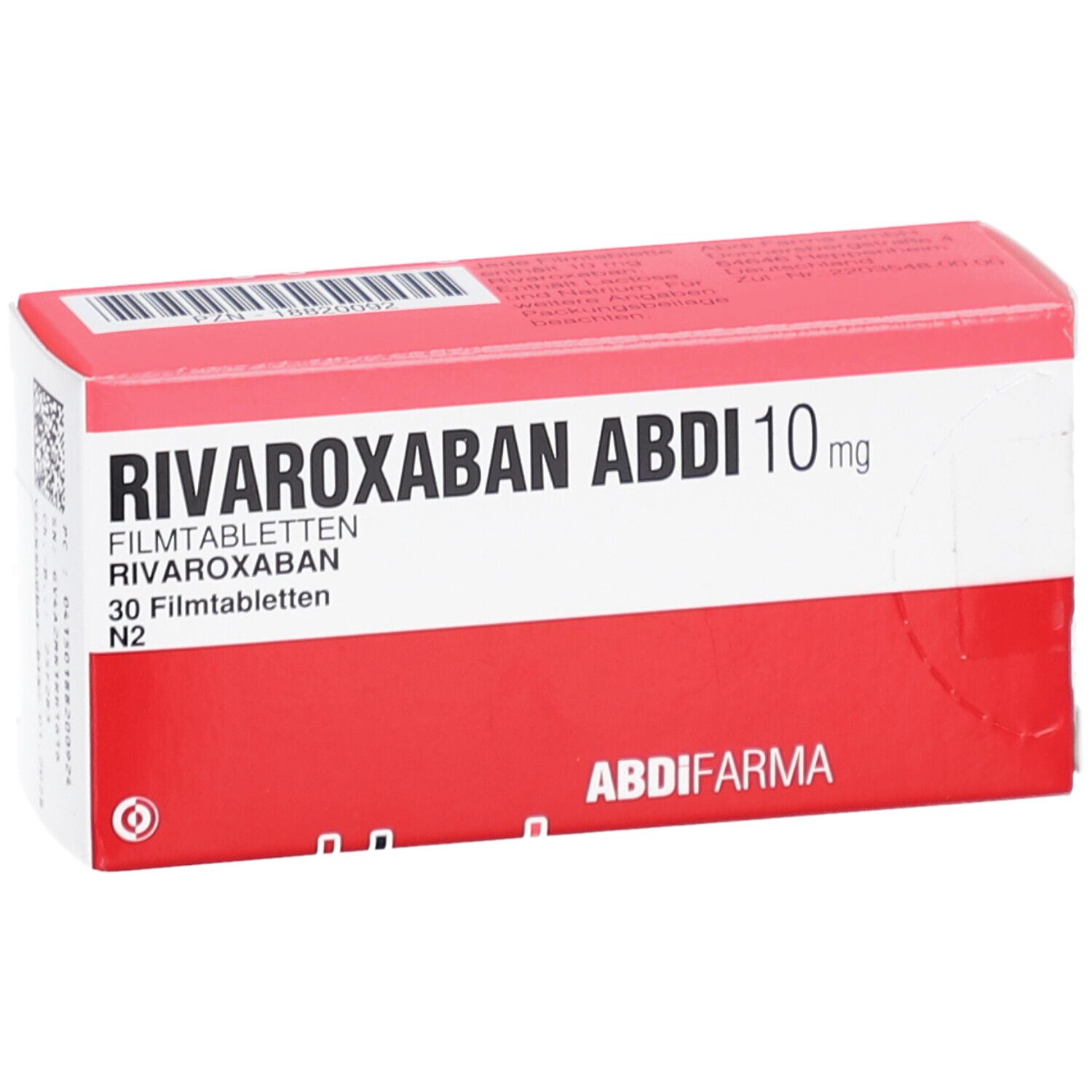 RIVAROXABAN ABDI 10 mg Filmtabletten-Packung. Rote und weiße Schachtel mit Produktnamen und Dosierung. ABDI-Logo.