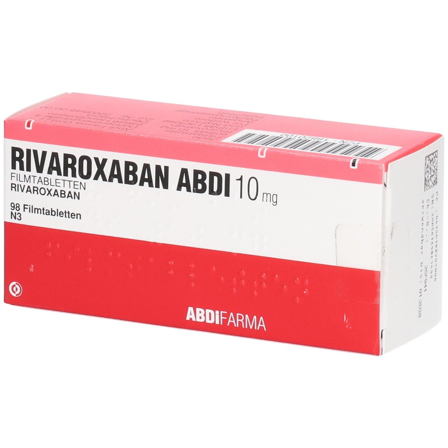 Rote und weiße Schachtel mit der Aufschrift RIVAROXABAN ABDI 10 mg. Enthält 98 Filmtabletten. Marke ABDI FARMA.