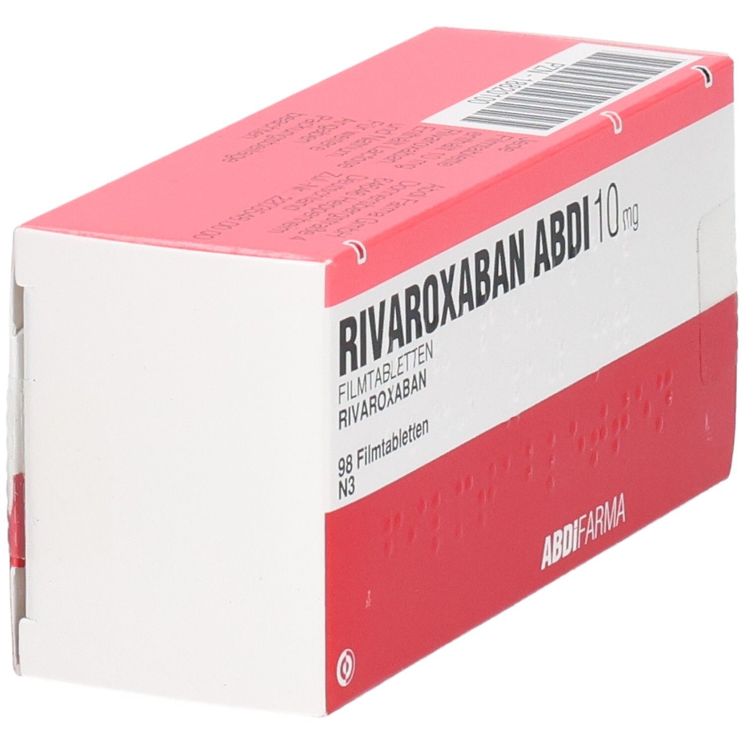 Rote und weiße Schachtel mit der Aufschrift RIVAROXABAN ABDI 10 mg. Enthält 98 Filmtabletten. Marke ABDI FARMA.