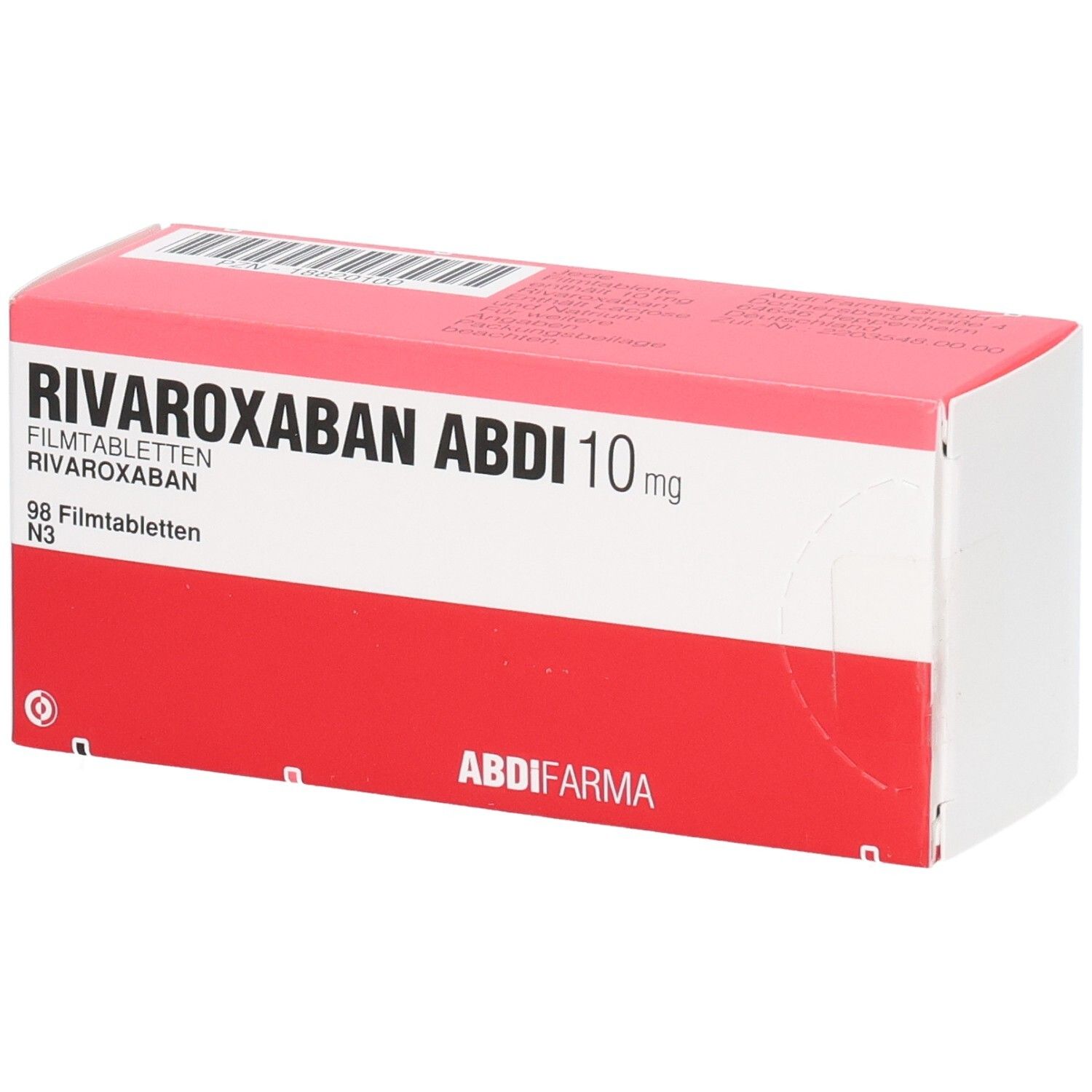 Rote und weiße Schachtel mit der Aufschrift RIVAROXABAN ABDI 10 mg. Enthält 98 Filmtabletten. Marke ABDI FARMA.