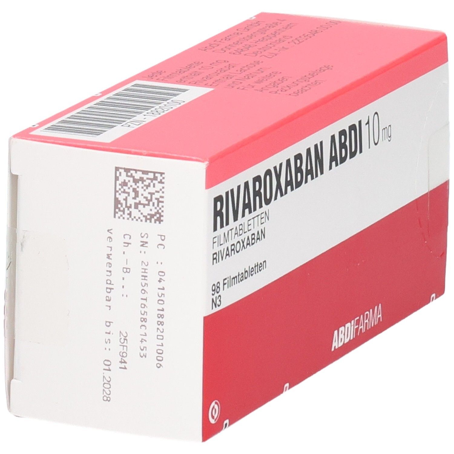 Rote und weiße Schachtel mit der Aufschrift RIVAROXABAN ABDI 10 mg. Enthält 98 Filmtabletten. Marke ABDI FARMA.