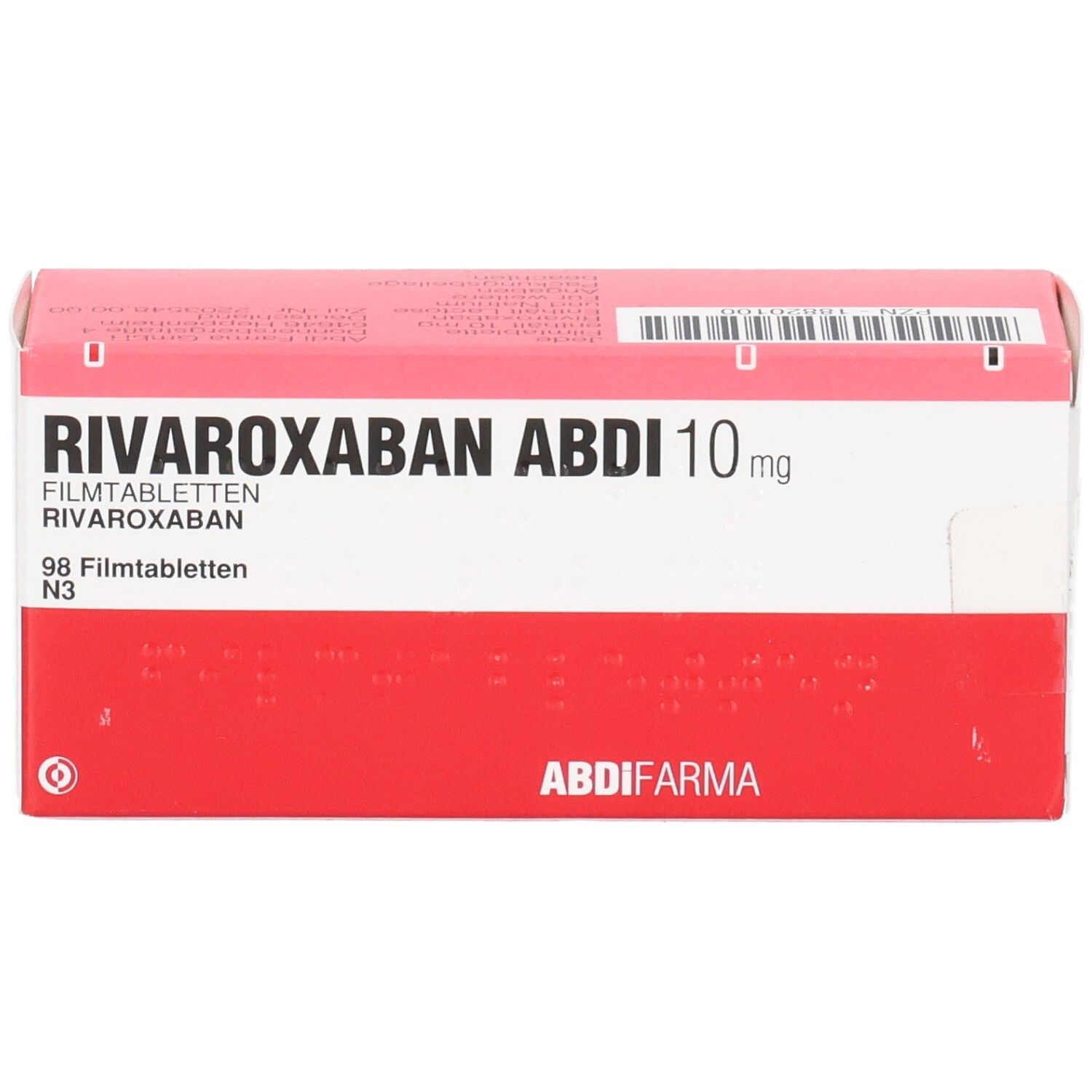 Rote und weiße Schachtel mit der Aufschrift RIVAROXABAN ABDI 10 mg. Enthält 98 Filmtabletten. Marke ABDI FARMA.