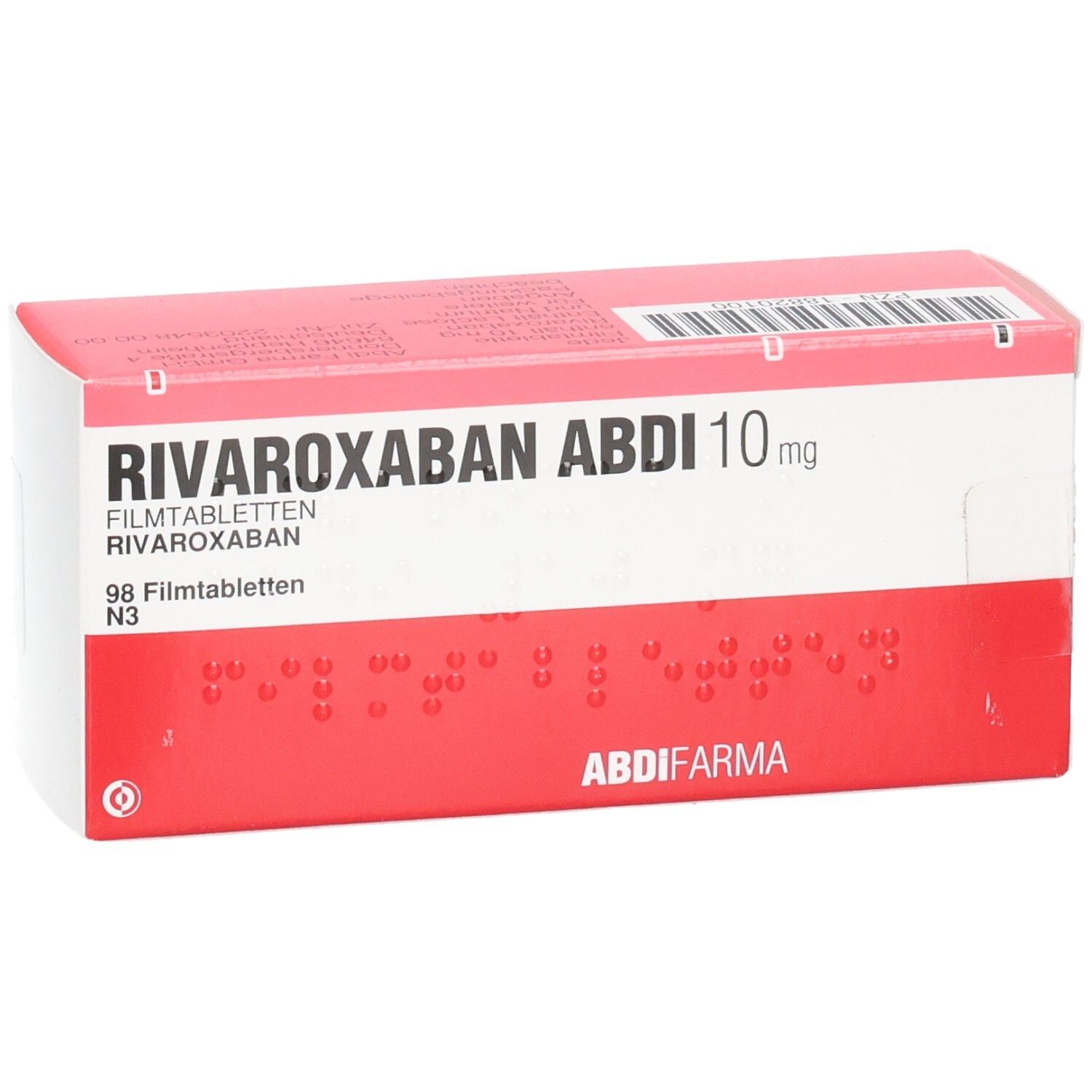 Rote und weiße Schachtel mit der Aufschrift RIVAROXABAN ABDI 10 mg. Enthält 98 Filmtabletten. Marke ABDI FARMA.