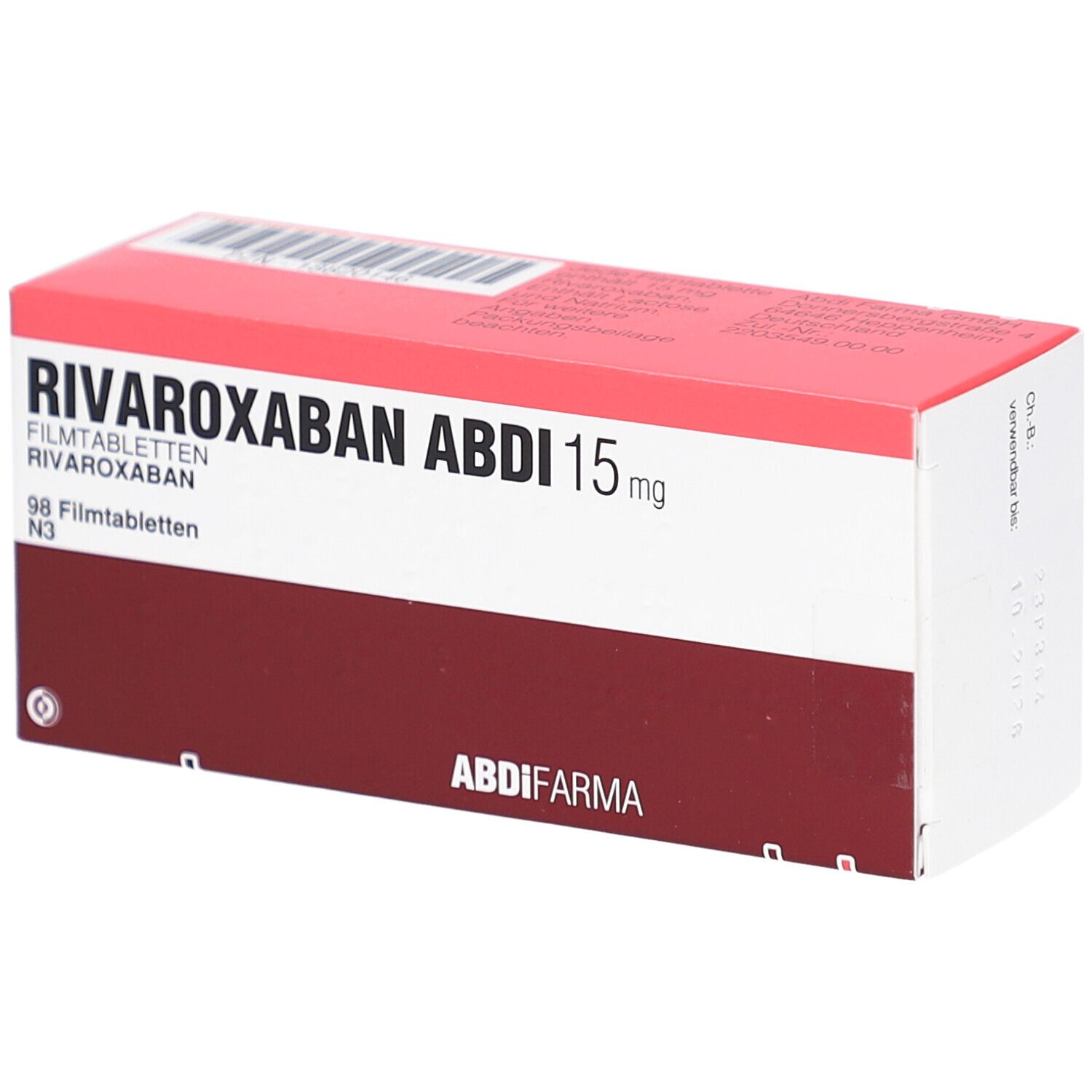RIVAROXABAN ABDI 15 mg Filmtabletten-Packung. Rote und weiße Schachtel mit Produktnamen und Dosierung. ABDI-Logo.