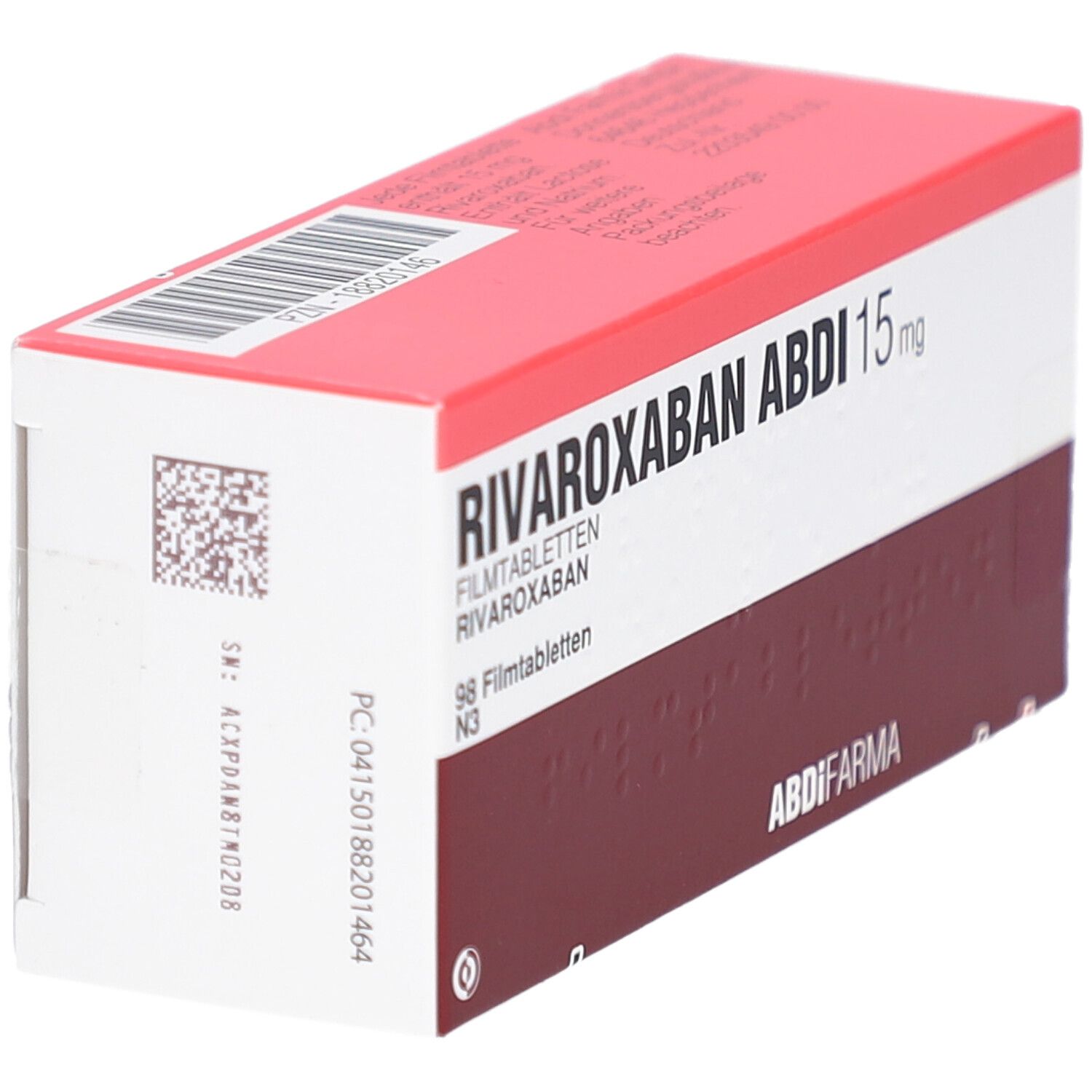 RIVAROXABAN ABDI 15 mg-Packung, schräg. Rote und weiße Schachtel mit Produktnamen und Dosierung. Barcode und QR-Code.