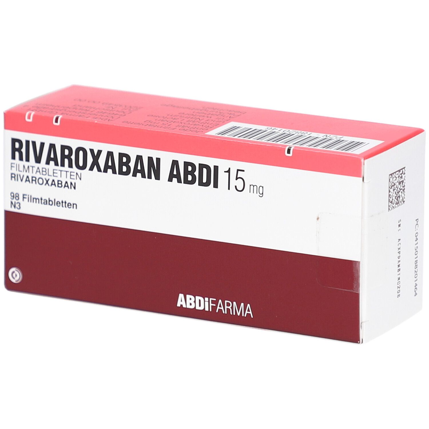 RIVAROXABAN ABDI 15 mg-Packung. Rote und weiße Schachtel mit Produktnamen und Dosierung. ABDI-Logo. 98 Filmtabletten.