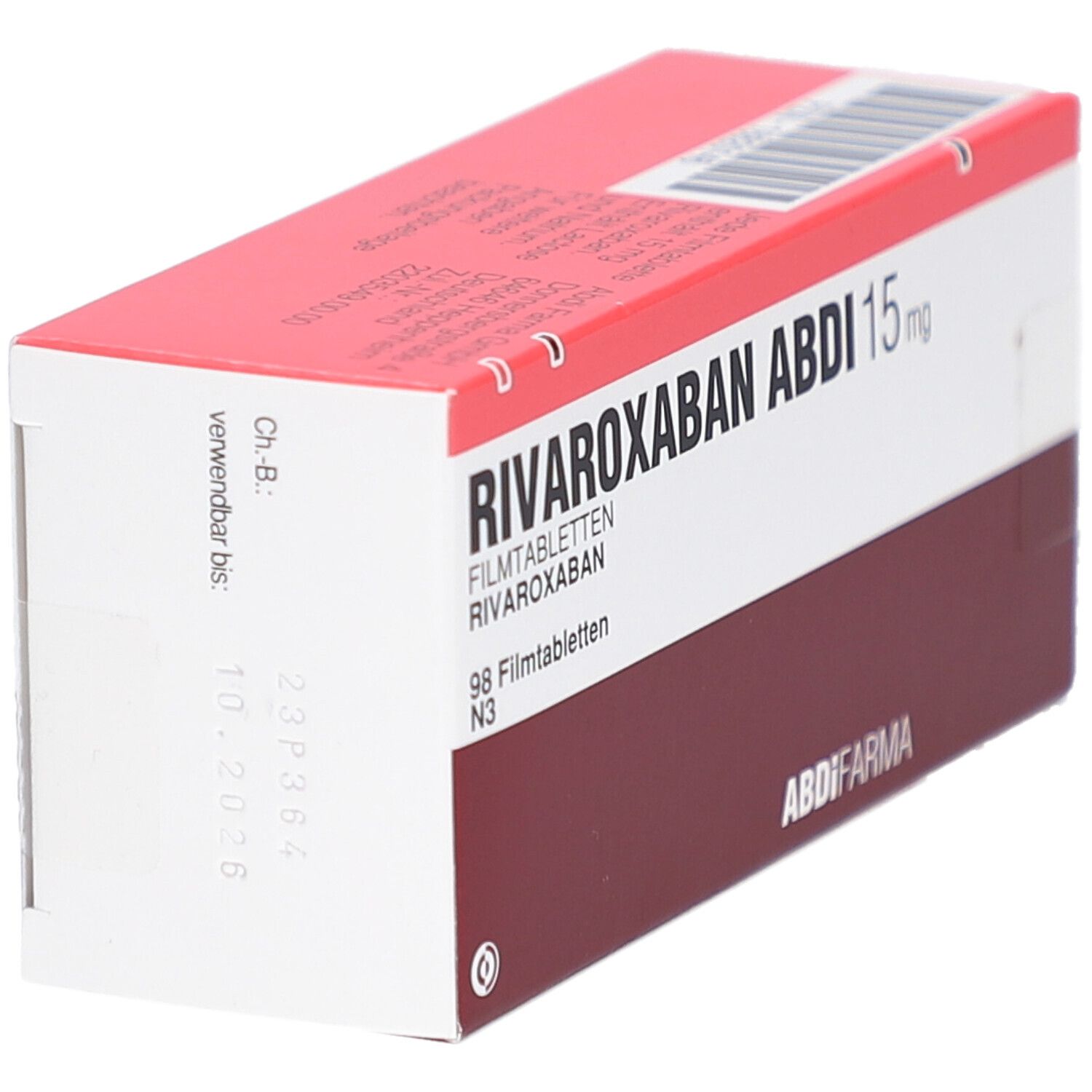 RIVAROXABAN ABDI 15 mg-Packung, schräg. Rote und weiße Schachtel mit Produktnamen und Dosierung. Verfallsdatum.