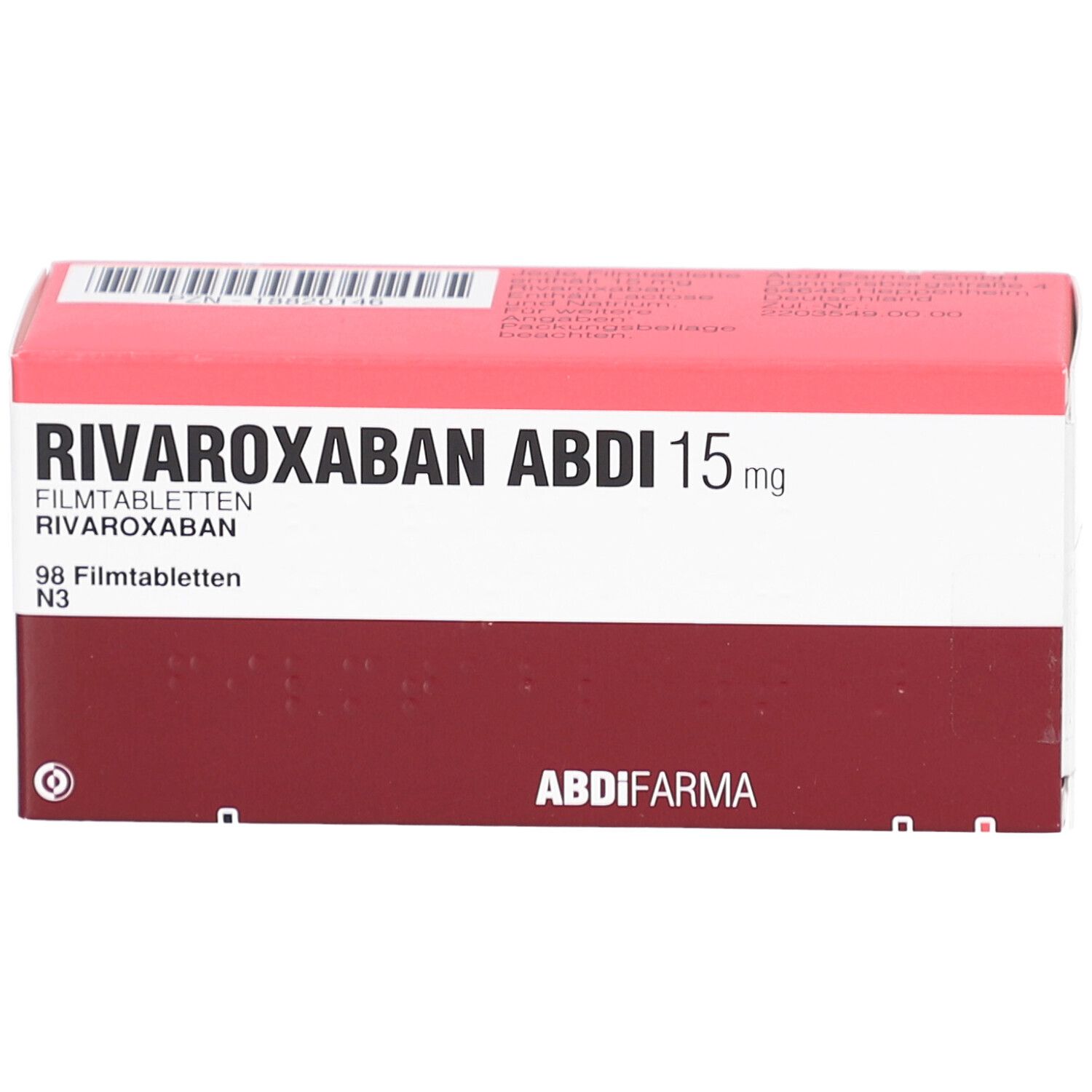 RIVAROXABAN ABDI 15 mg-Packung. Rote und weiße Schachtel mit Produktnamen und Dosierung. ABDI-Logo. 98 Filmtabletten.