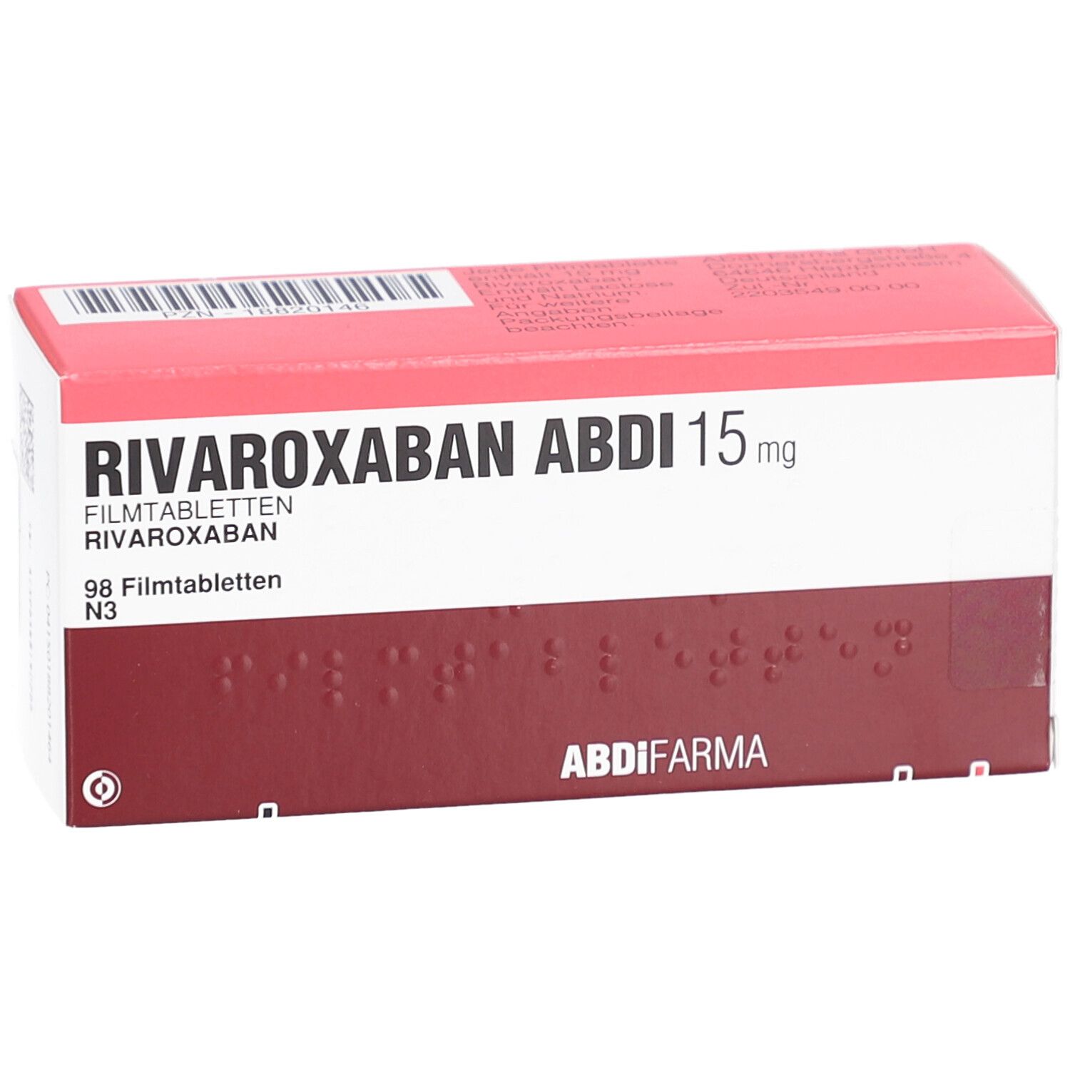 RIVAROXABAN ABDI 15 mg-Packung. Rote und weiße Schachtel mit Produktnamen und Dosierung. ABDI-Logo. Braille-Schrift.