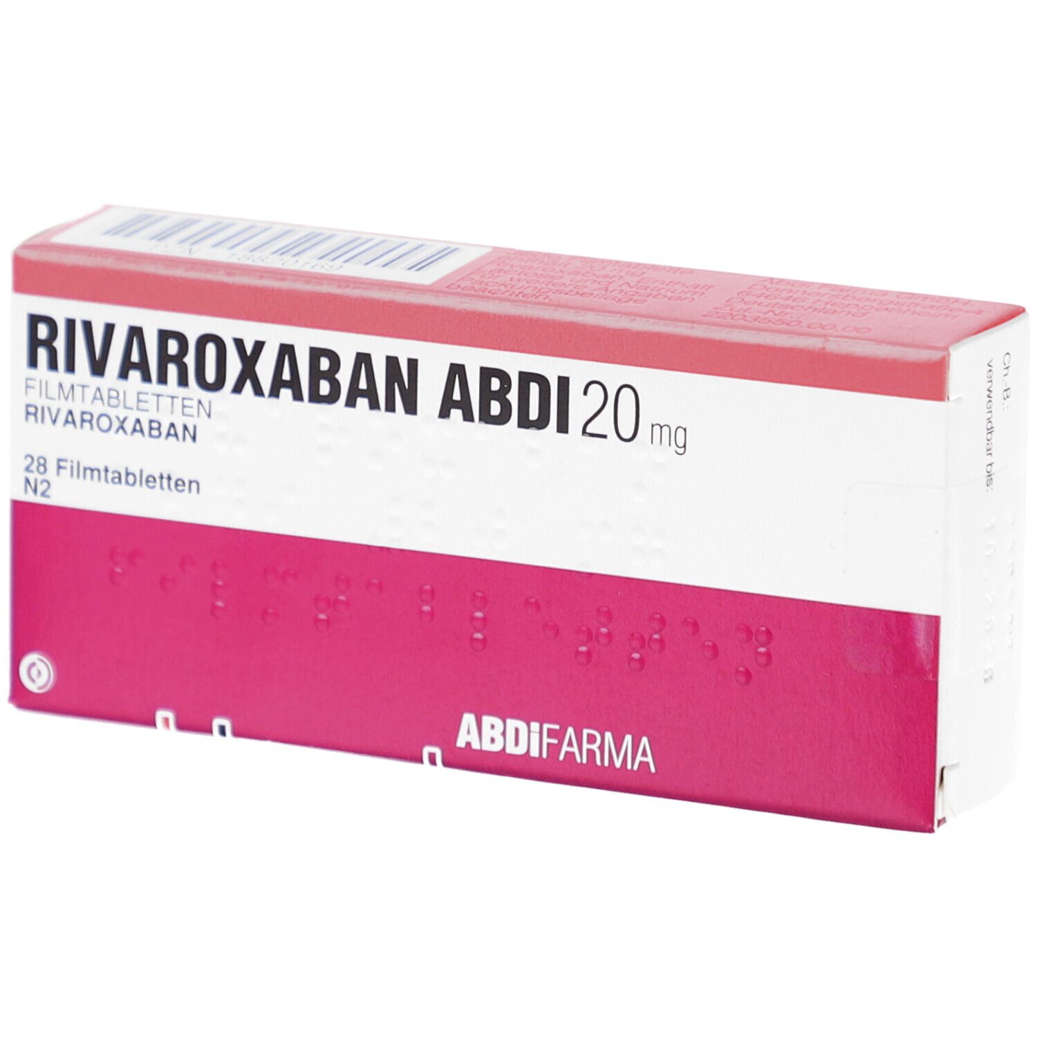 Schachtel mit RIVAROXABAN ABDI 20 mg Filmtabletten. Weiß, rot. Aufschrift: 28 Filmtabletten N2. ABDI FARMA.