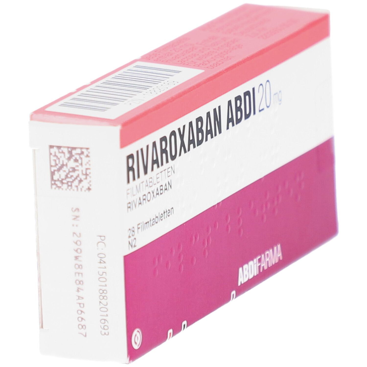 Schachtel RIVAROXABAN ABDI 20 mg Filmtabletten. Weiß, rot. Aufschrift: 28 Filmtabletten N2. ABDI FARMA. Mit Barcode.
