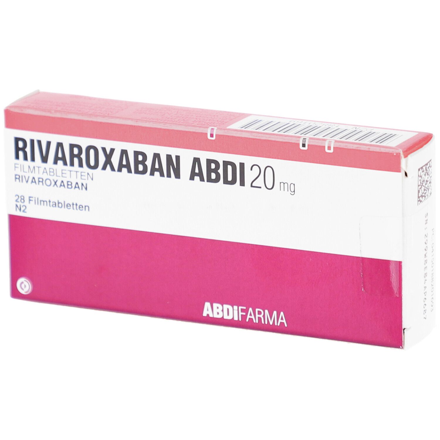 Schachtel mit RIVAROXABAN ABDI 20 mg Filmtabletten. Weiß, rot. Aufschrift: 28 Filmtabletten N2. ABDI FARMA. Barcode.