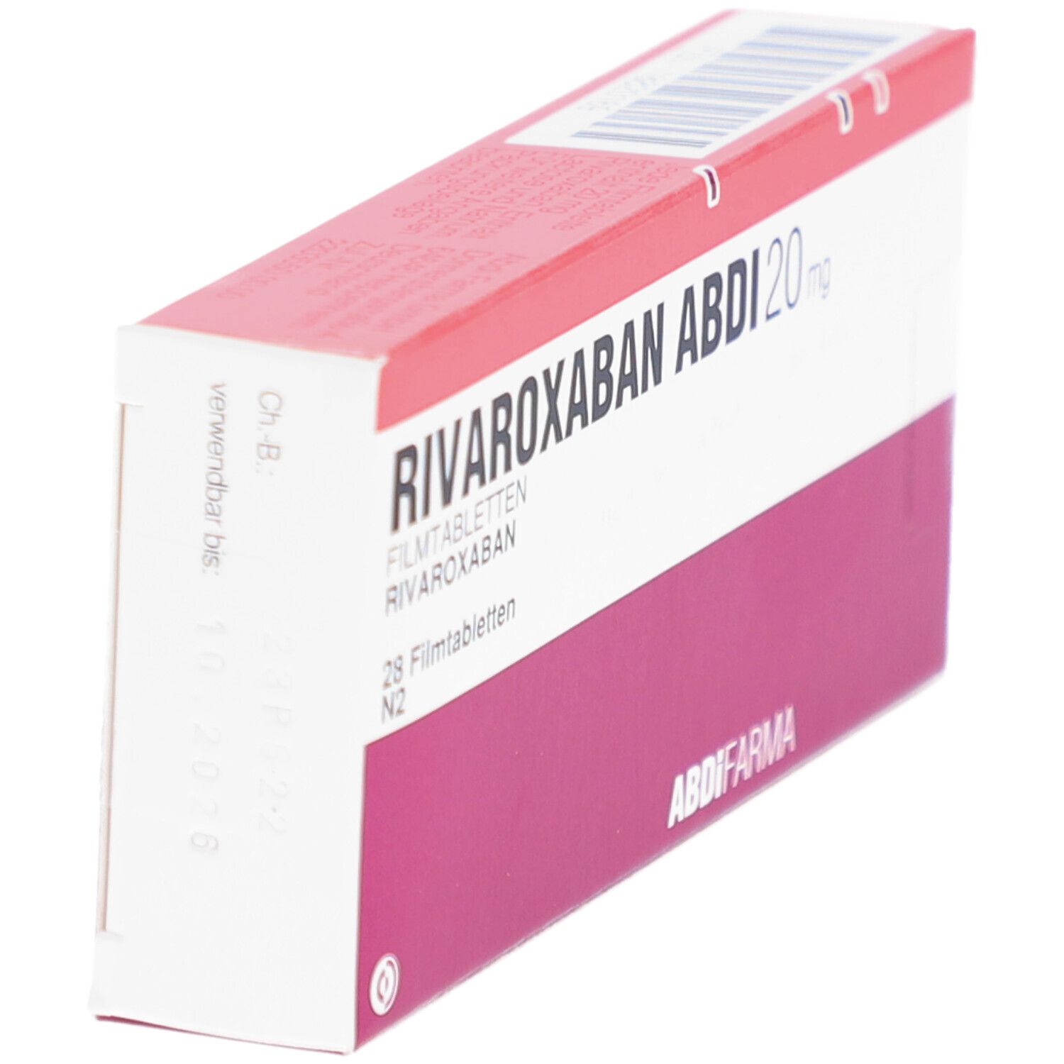 Schachtel RIVAROXABAN ABDI 20 mg Filmtabletten. Weiß, rot. Aufschrift: 28 Filmtabletten N2. ABDI FARMA. Mit Datumsangaben.