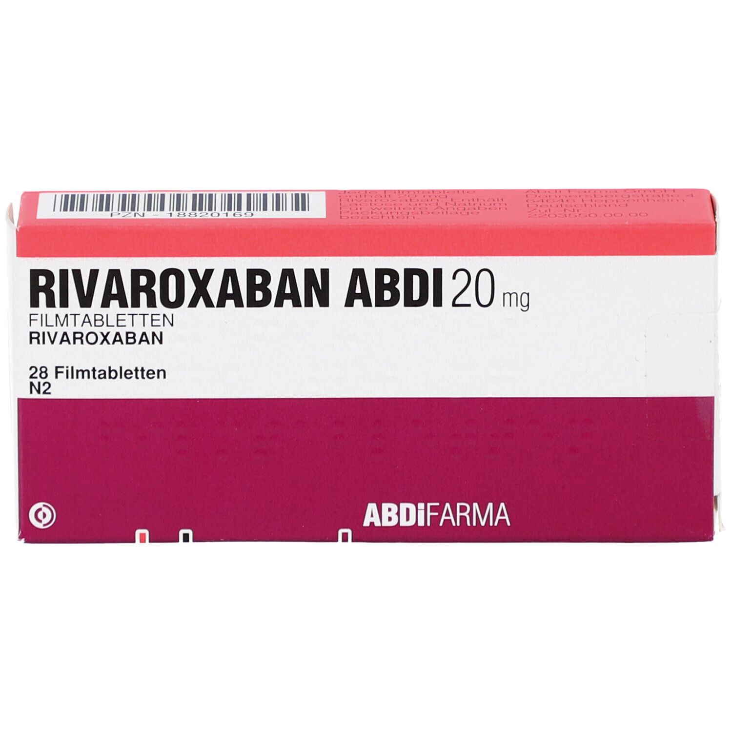 Schachtel mit RIVAROXABAN ABDI 20 mg Filmtabletten. Weiß, rot. Aufschrift: 28 Filmtabletten N2. ABDI FARMA. Barcode.