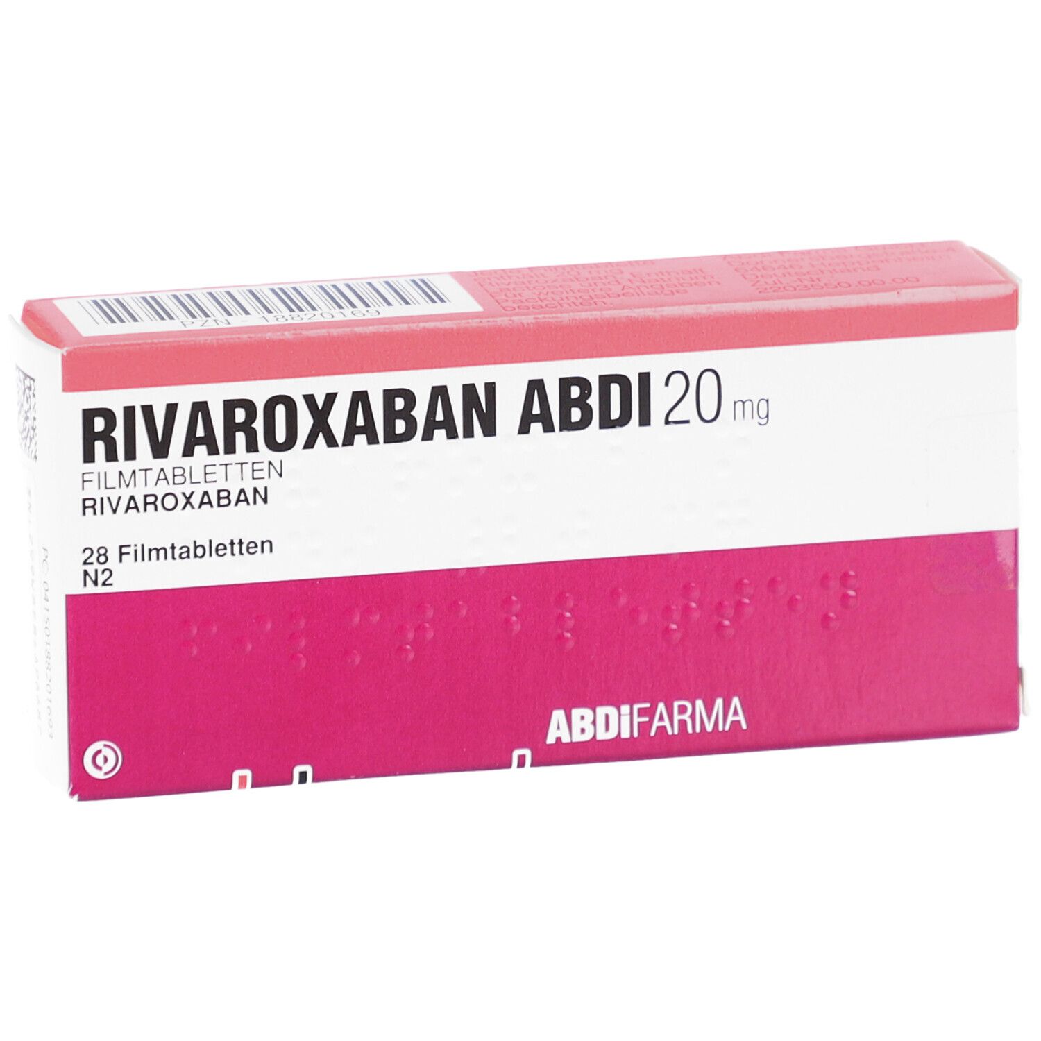 Schachtel mit RIVAROXABAN ABDI 20 mg Filmtabletten. Weiß, rot. Aufschrift: 28 Filmtabletten N2. ABDI FARMA.