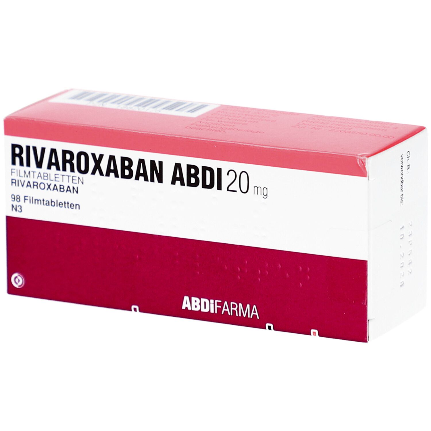 Rote und weiße Schachtel mit der Aufschrift RIVAROXABAN ABDI 20 mg. Enthält 98 Filmtabletten. Marke ABDI FARMA.