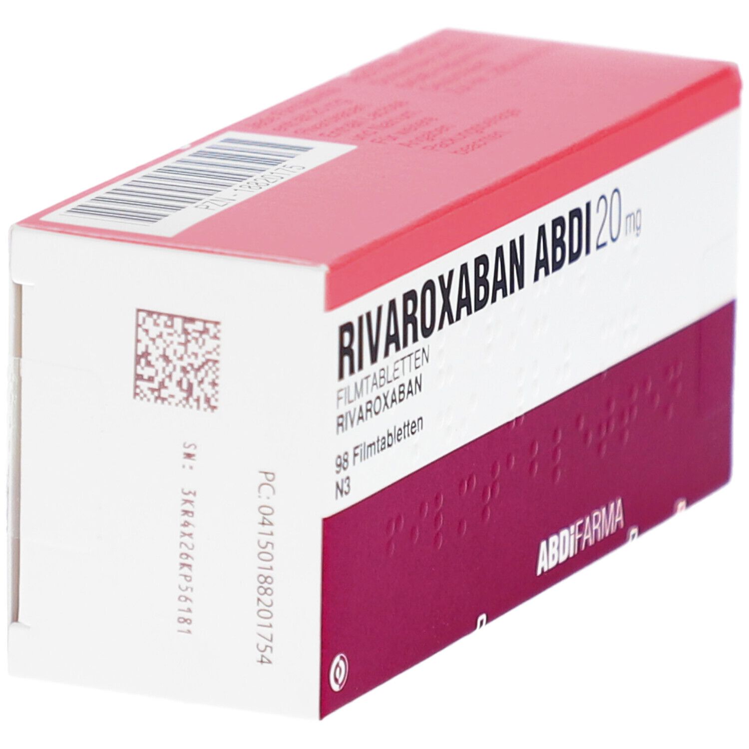 Rote und weiße Schachtel mit der Aufschrift RIVAROXABAN ABDI 20 mg. Enthält 98 Filmtabletten. Marke ABDI FARMA. QR-Code und Chargennummer.
