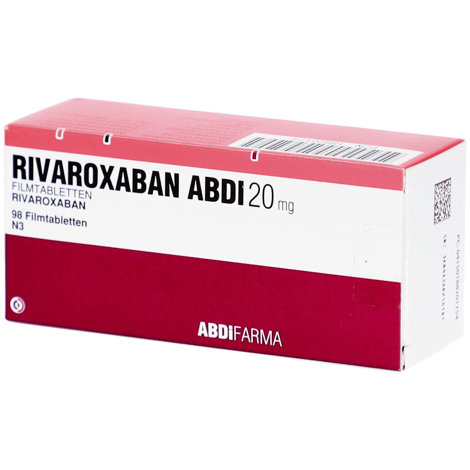Rote und weiße Schachtel mit der Aufschrift RIVAROXABAN ABDI 20 mg. Enthält 98 Filmtabletten. Marke ABDI FARMA.
