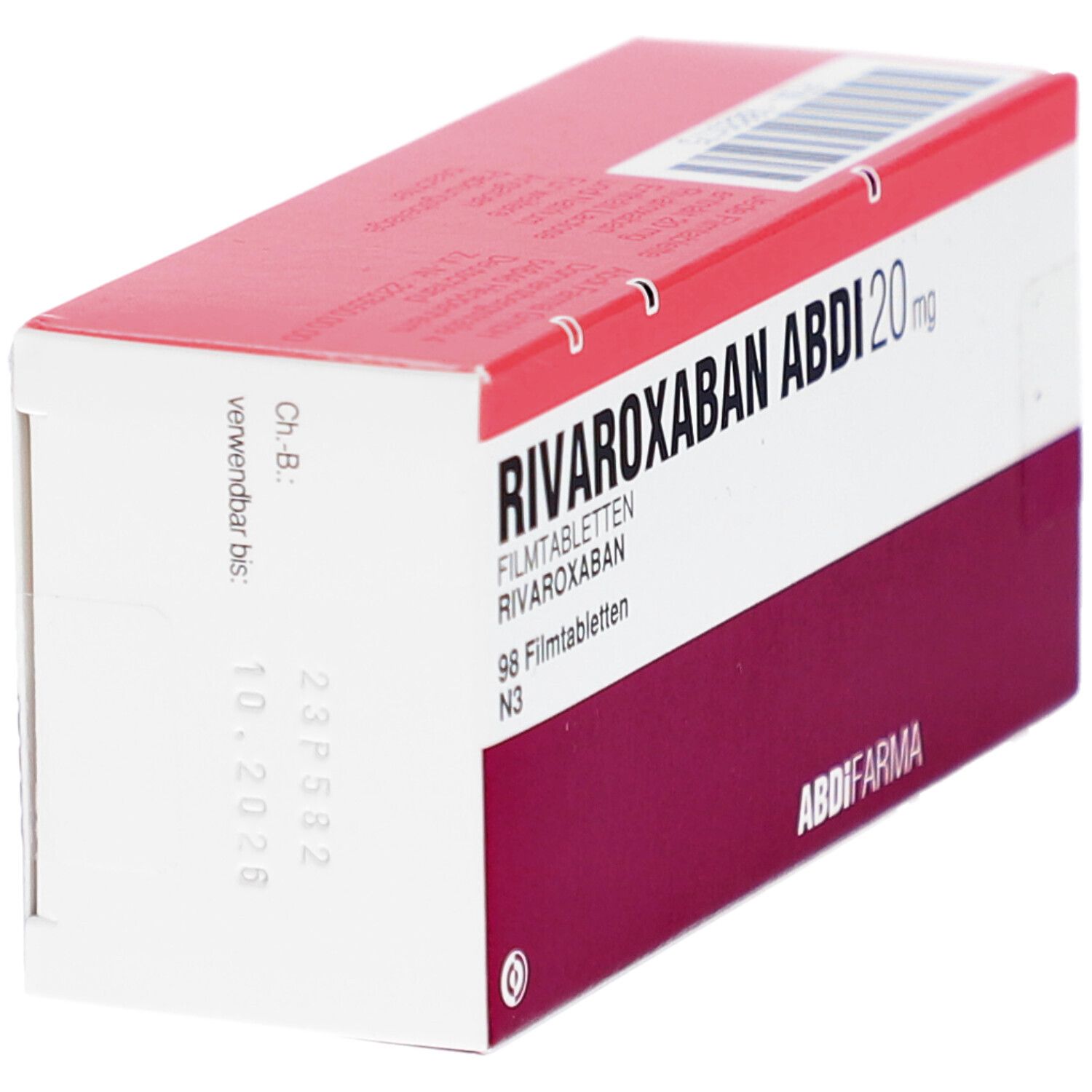 Rote und weiße Schachtel mit der Aufschrift RIVAROXABAN ABDI 20 mg. Enthält 98 Filmtabletten. Marke ABDI FARMA. Verfallsdatum.