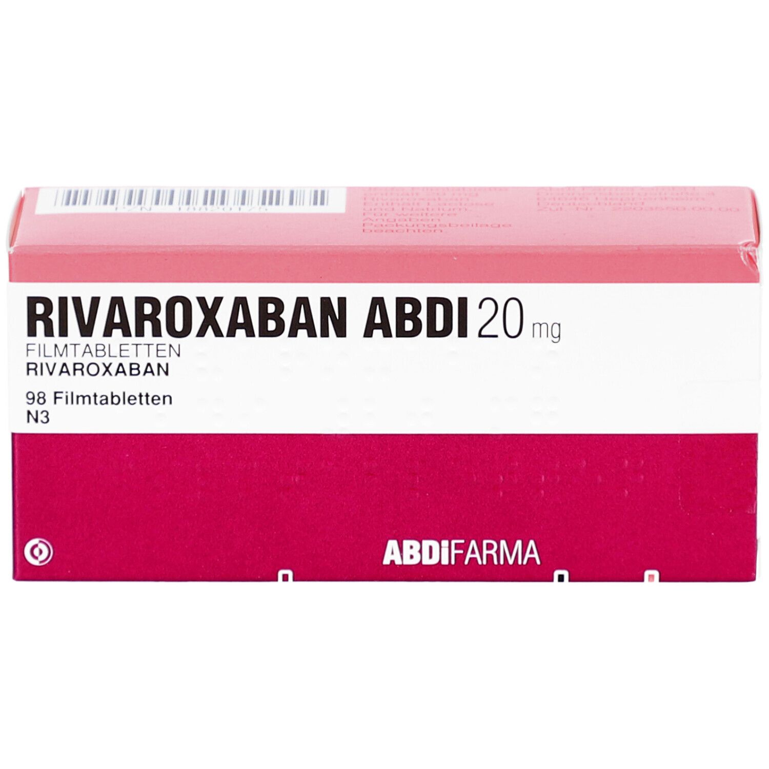 Rote und weiße Schachtel mit der Aufschrift RIVAROXABAN ABDI 20 mg. Enthält 98 Filmtabletten. Marke ABDI FARMA.