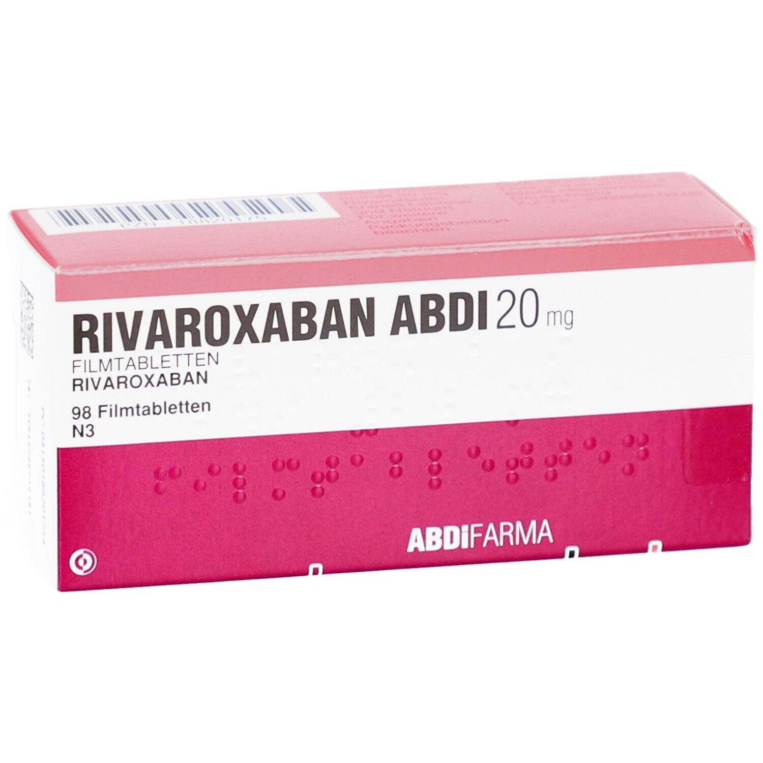 Rote und weiße Schachtel mit der Aufschrift RIVAROXABAN ABDI 20 mg. Enthält 98 Filmtabletten. Marke ABDI FARMA.