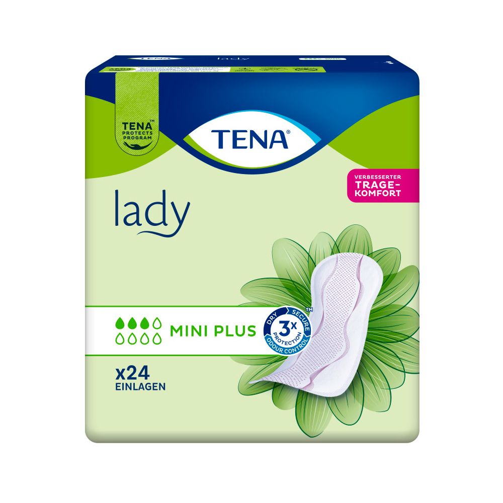 Verpackung von TENA Lady Mini Plus Einlagen. Grün-weißes Design mit Produktbezeichnung, Logo und x24 Einlagen.