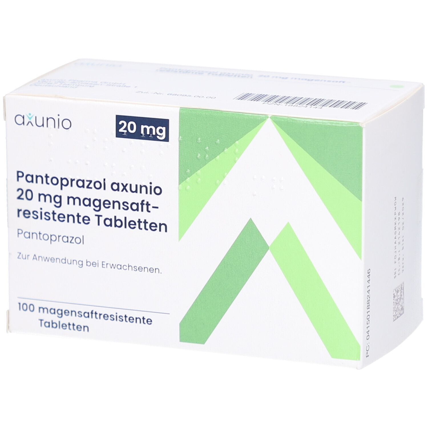 Schachtel mit PANTOPRAZOL axunio 20 mg magensaftresistente Tabletten. Grün-weiße Verpackung mit Produktnamen und Dosierung.