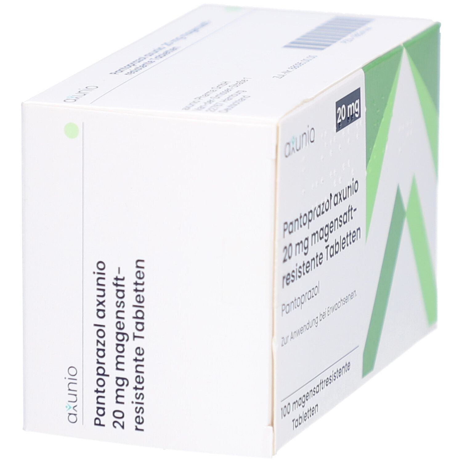 Schachtel PANTOPRAZOL axunio 20 mg Tabletten, schräg. Weiß mit grünen Akzenten. Produktname und Dosierung deutlich sichtbar.